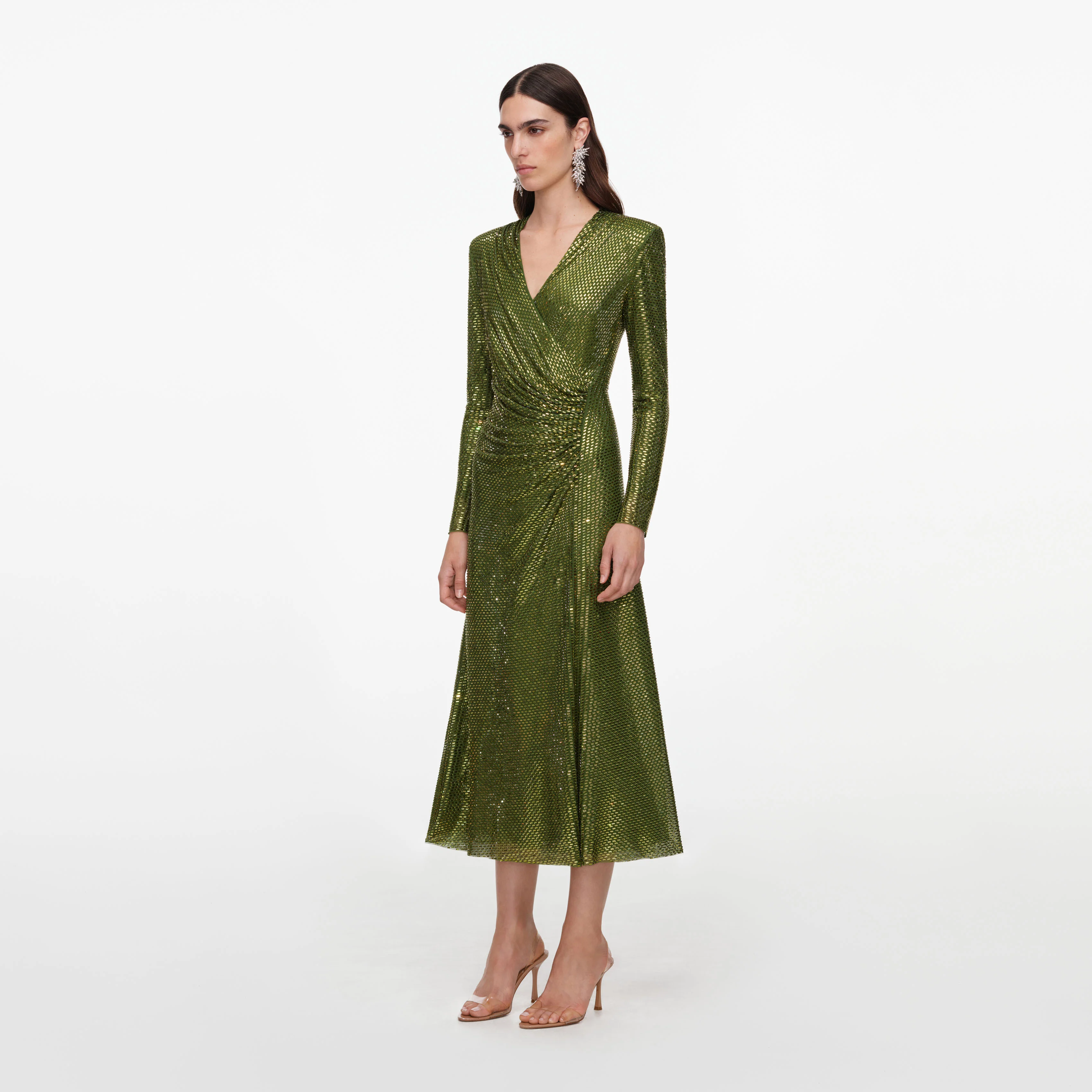 Olive Rhinestone Mesh Wrap Midi Dress - Image 2