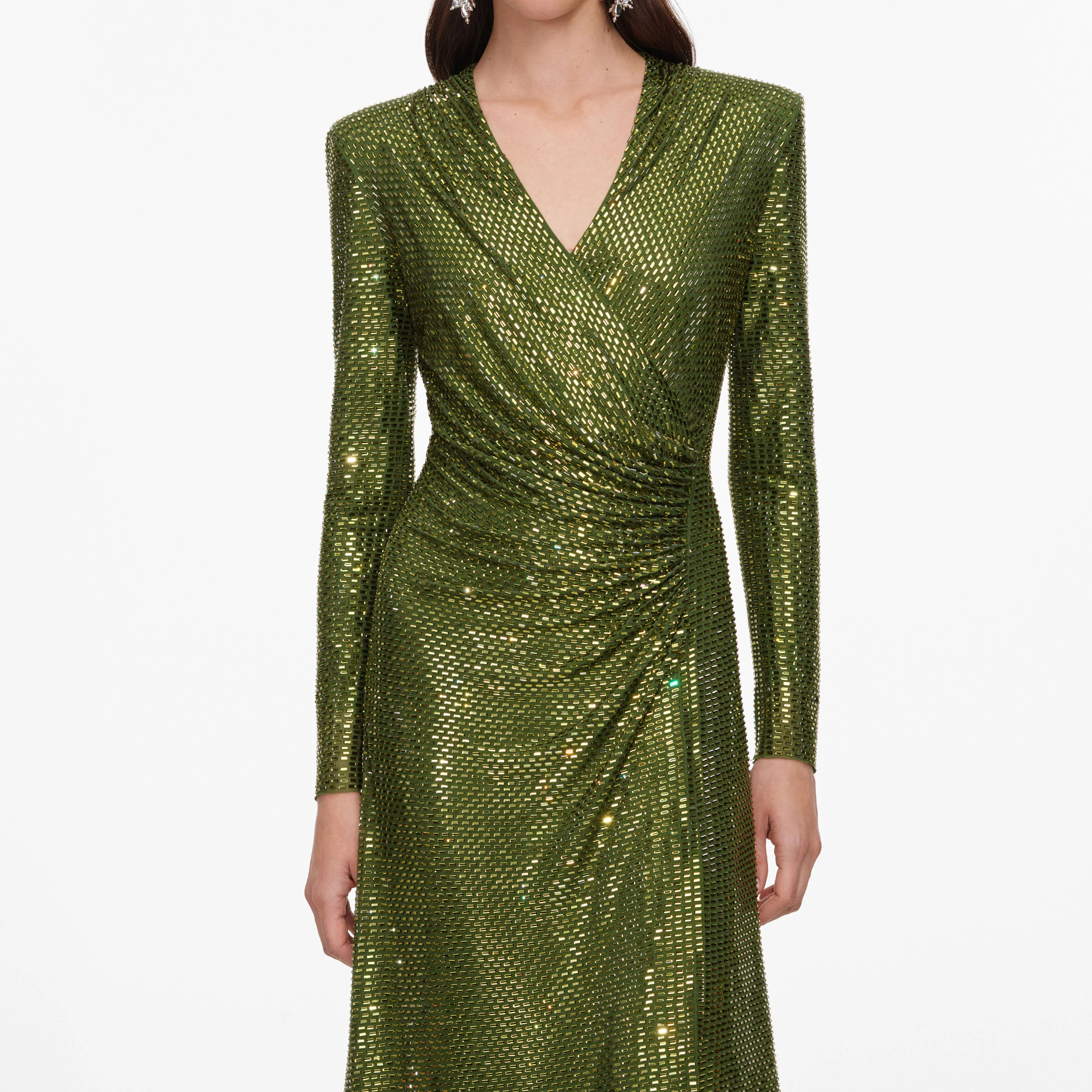 Olive Rhinestone Mesh Wrap Midi Dress - Image 4