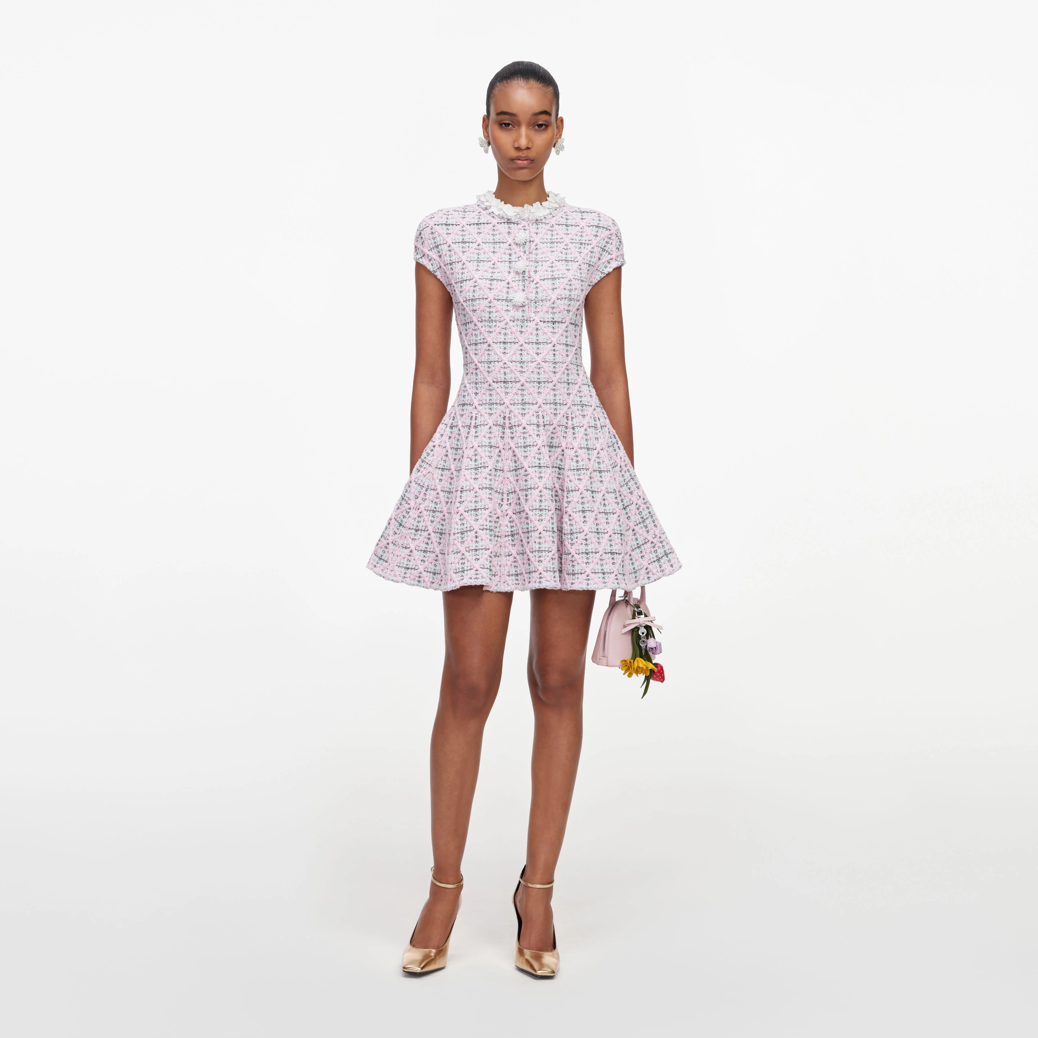 Pink Check Knit Beaded Mini Dress