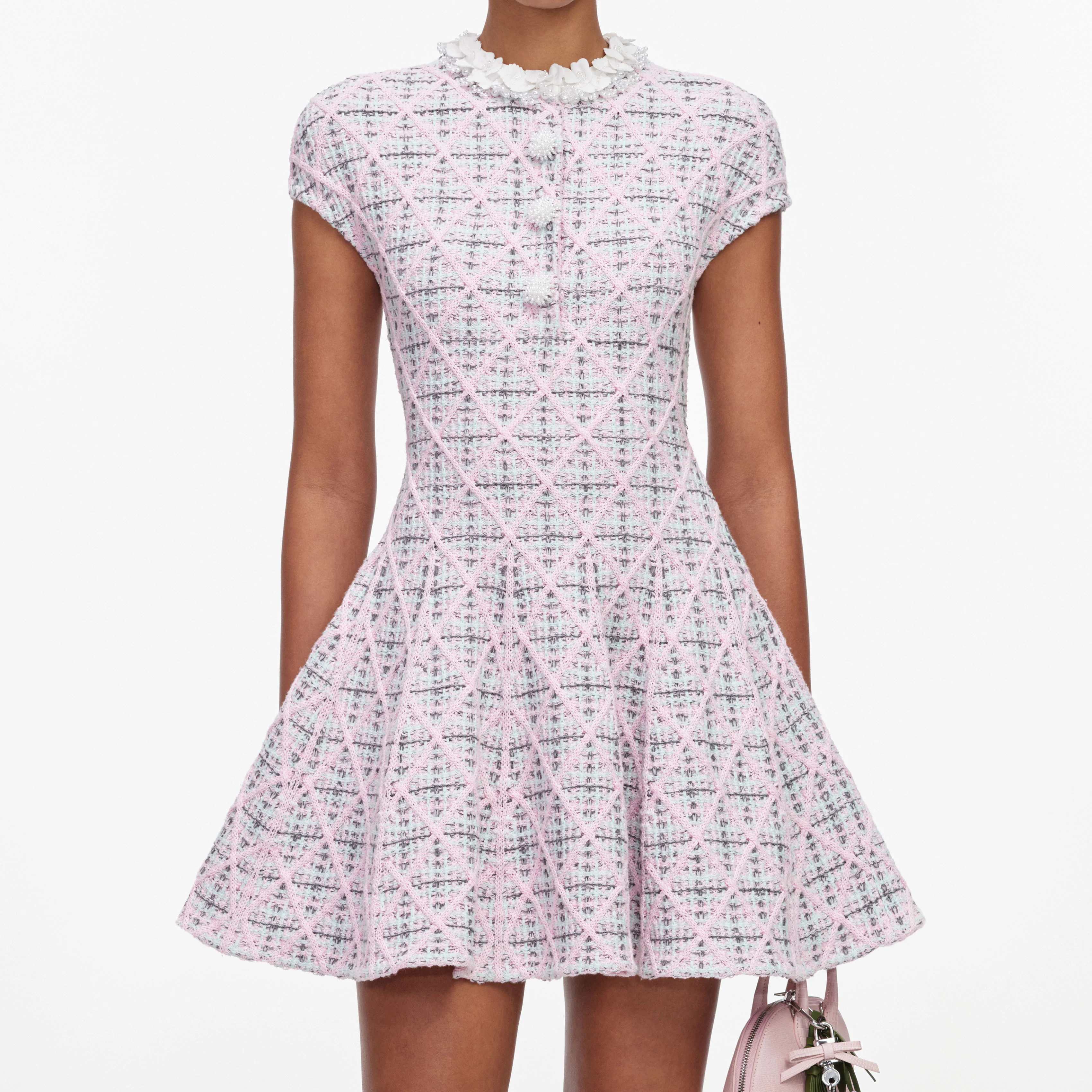 Pink Check Knit Beaded Mini Dress - Image 4