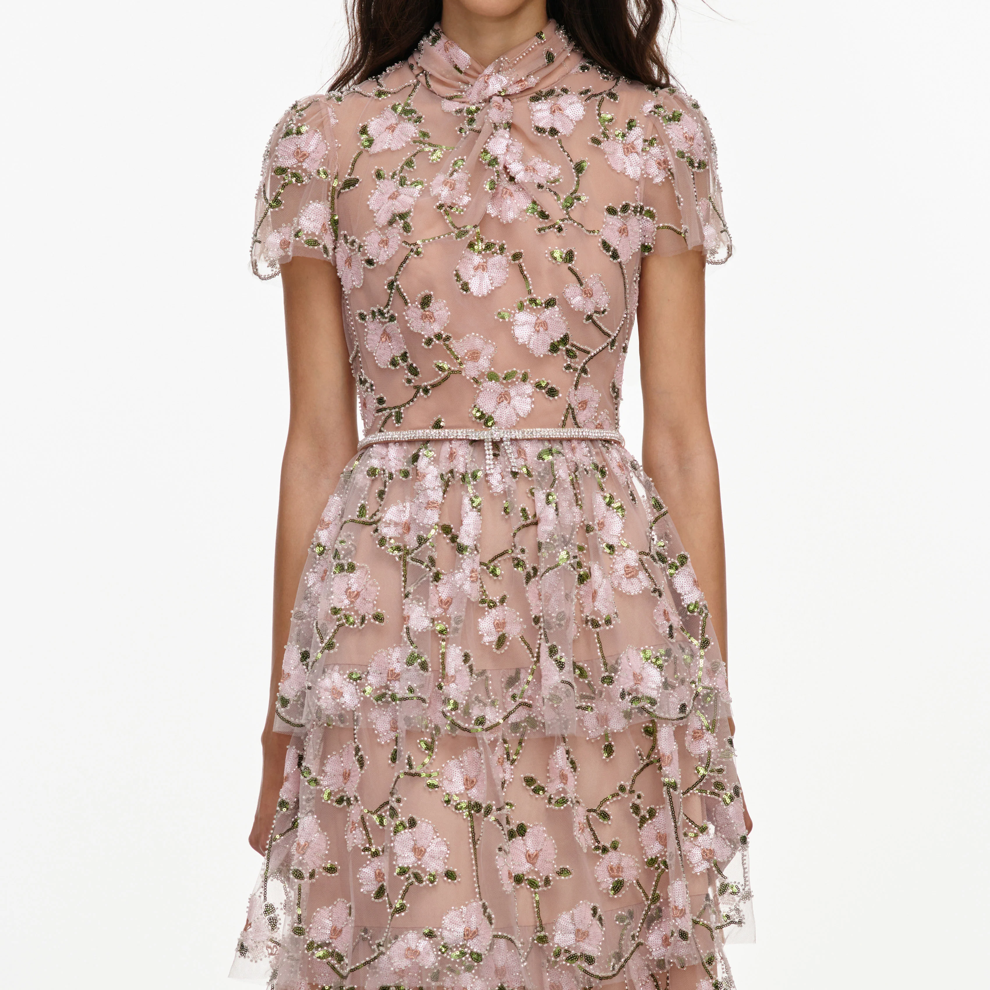 Pink Sequin Embellished Tiered Midi Dress - Image 4