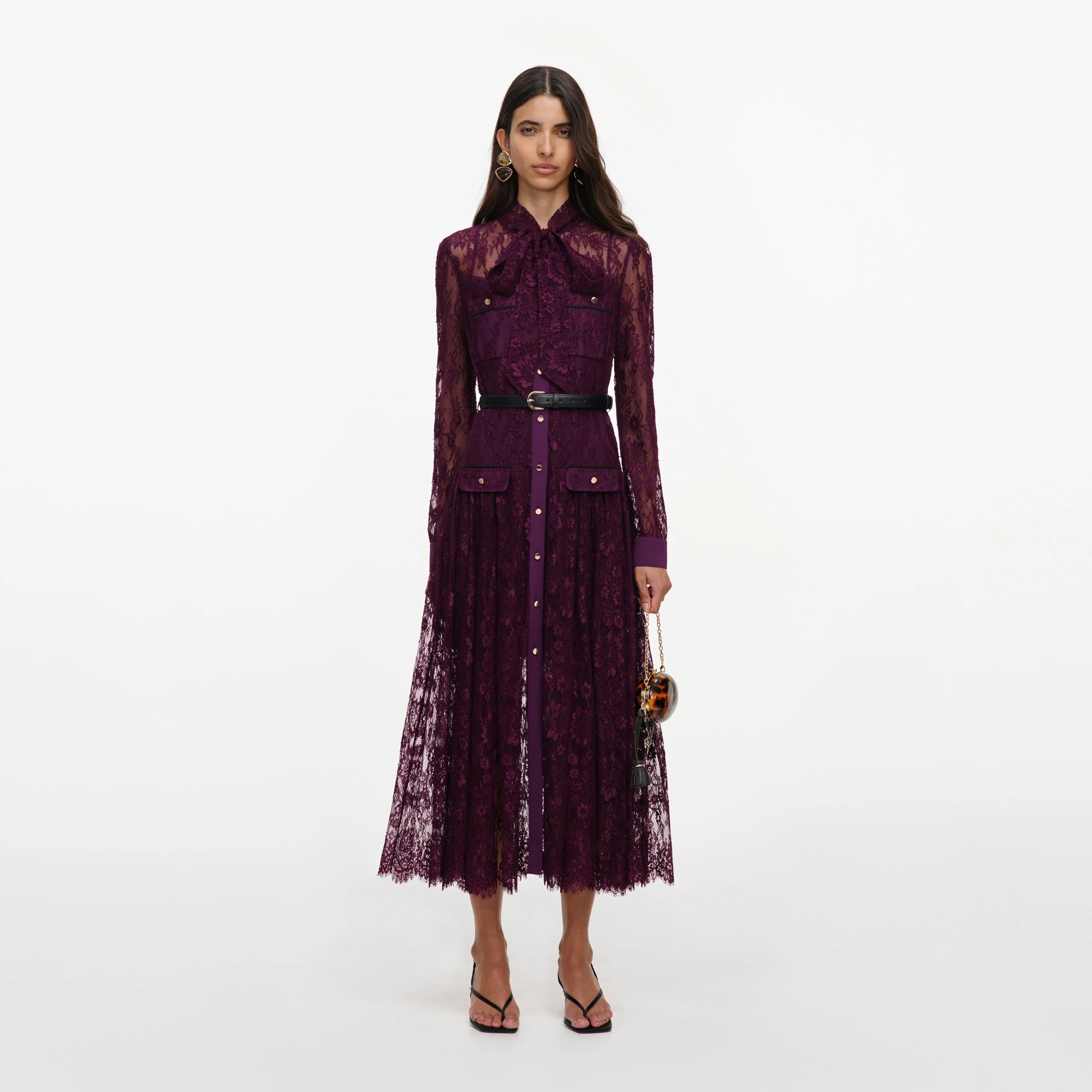 Purple Lace Tie Neck Midi Dress