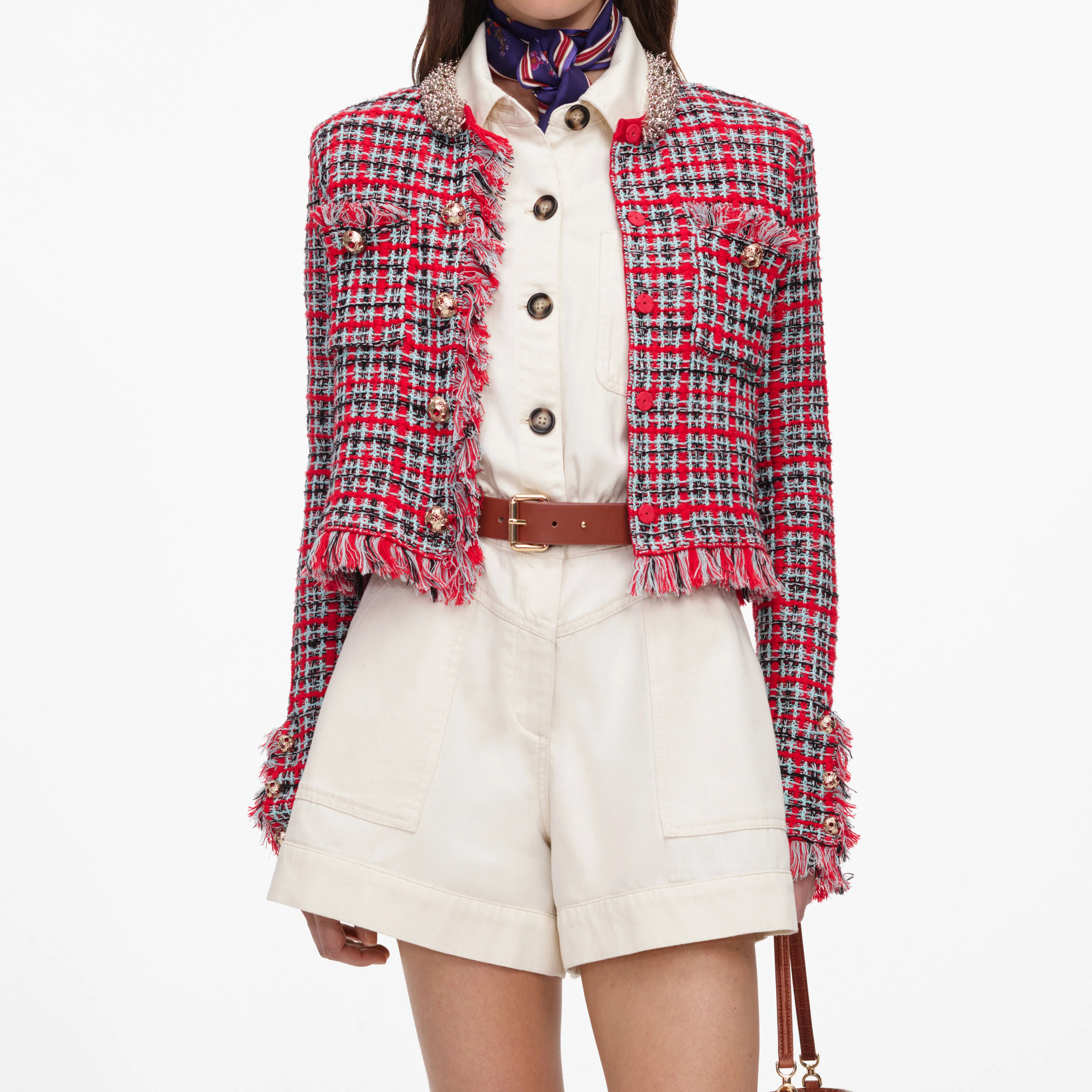 Red Check Frayed Knit Jacket - Image 4