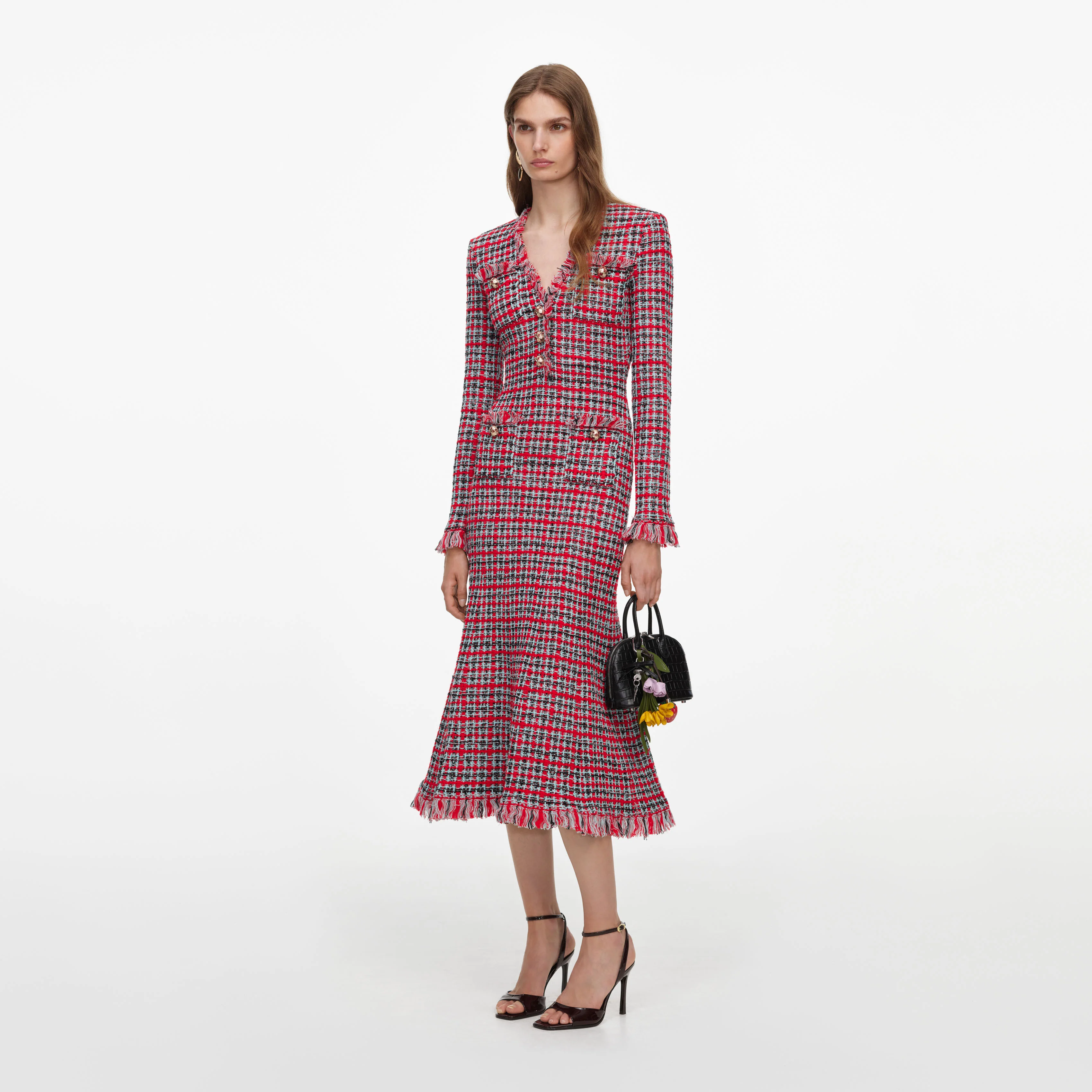 Red Check Frayed Knit Midi Dress - Image 2