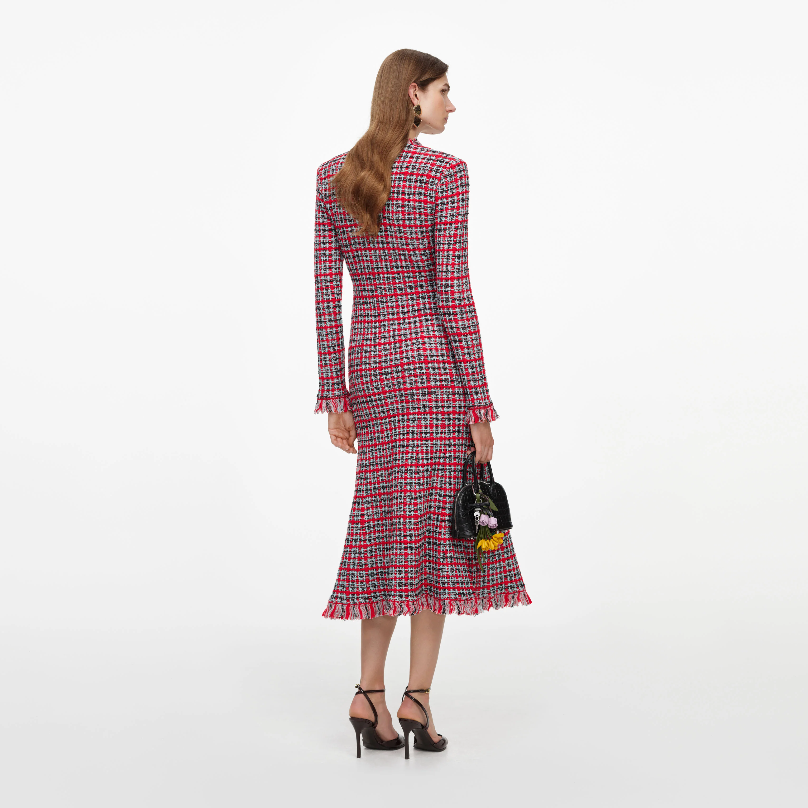 Red Check Frayed Knit Midi Dress - Image 3