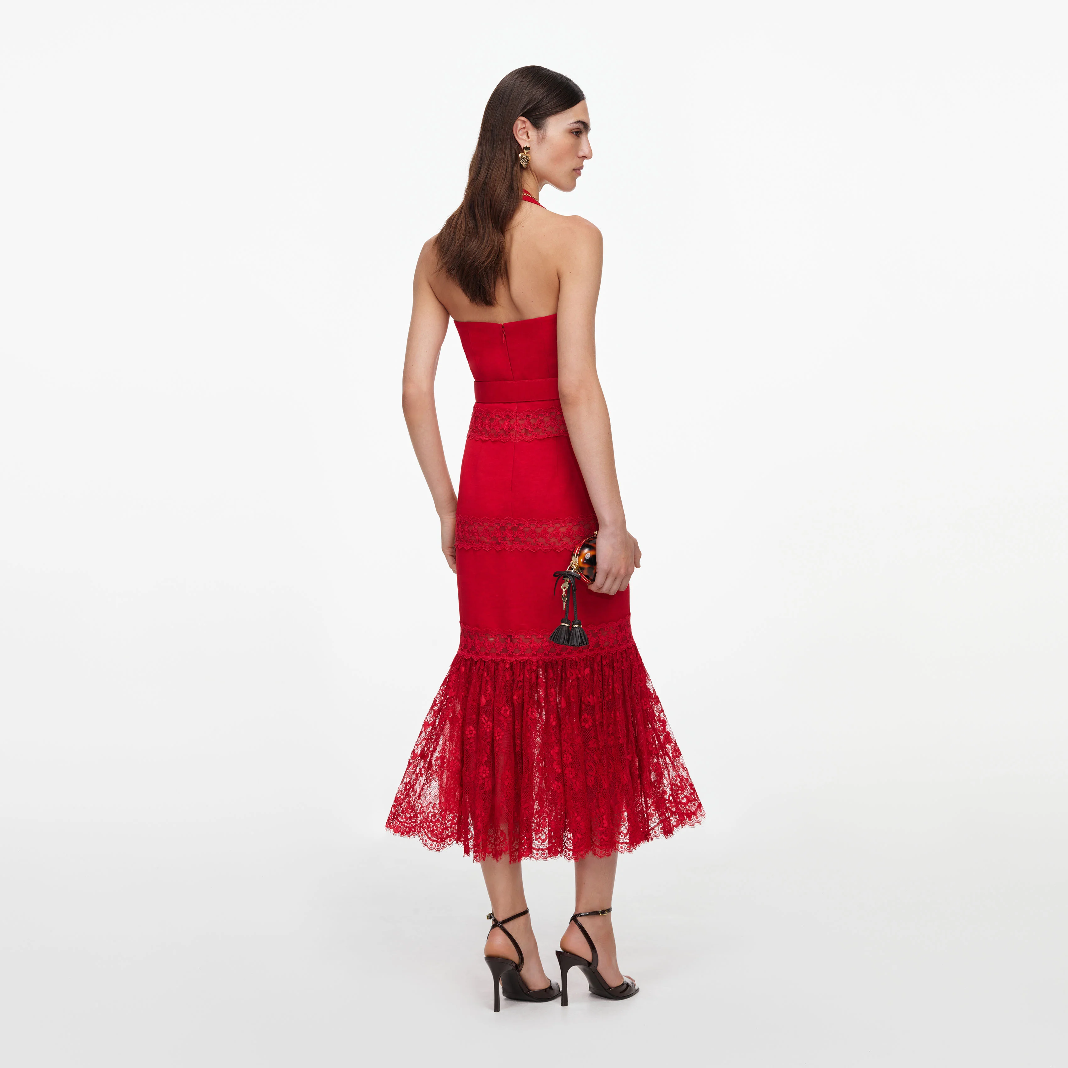 Red Linen Blend Lace Midi Dress - Image 3