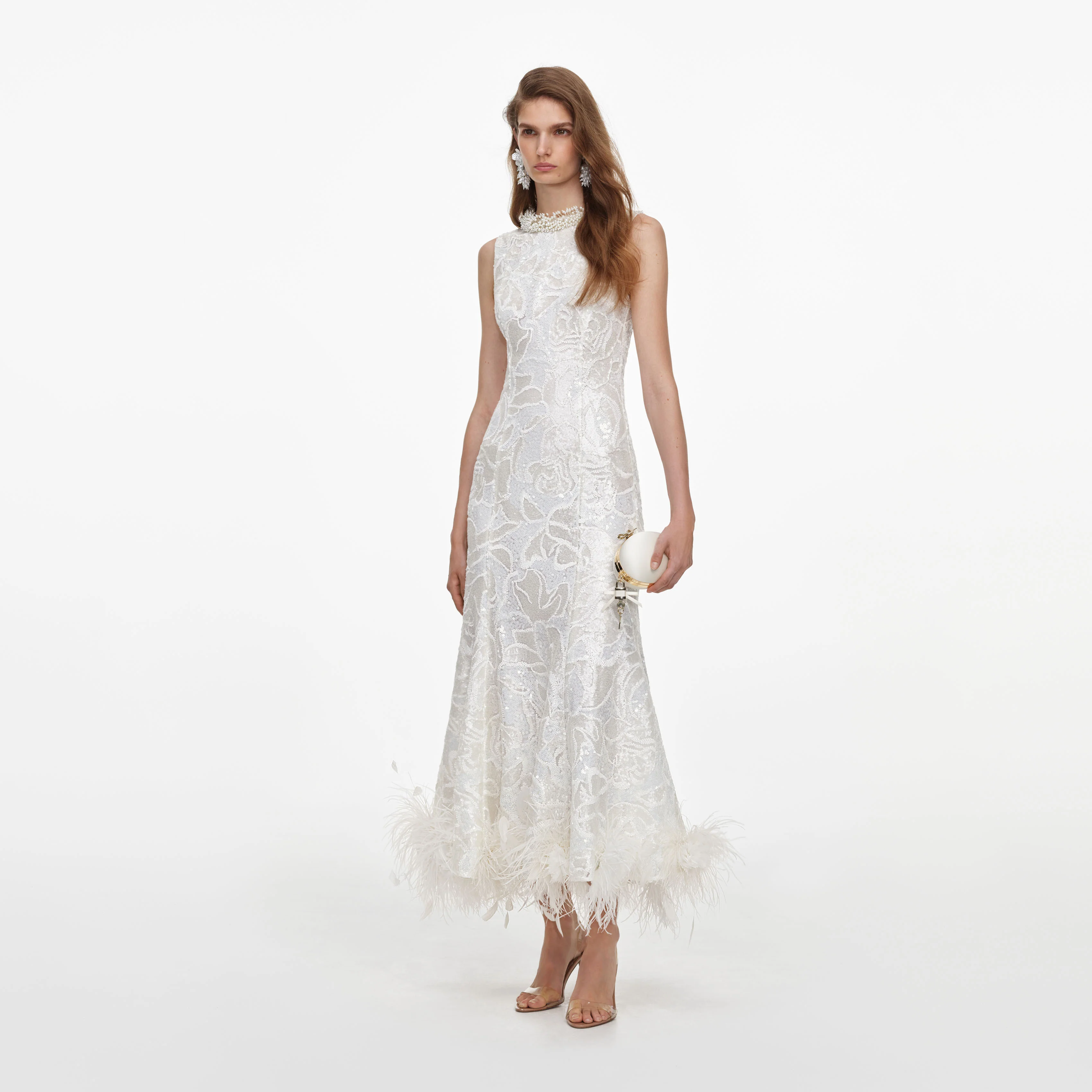 White Sequin Lace Feather Midi Dress - Image 2