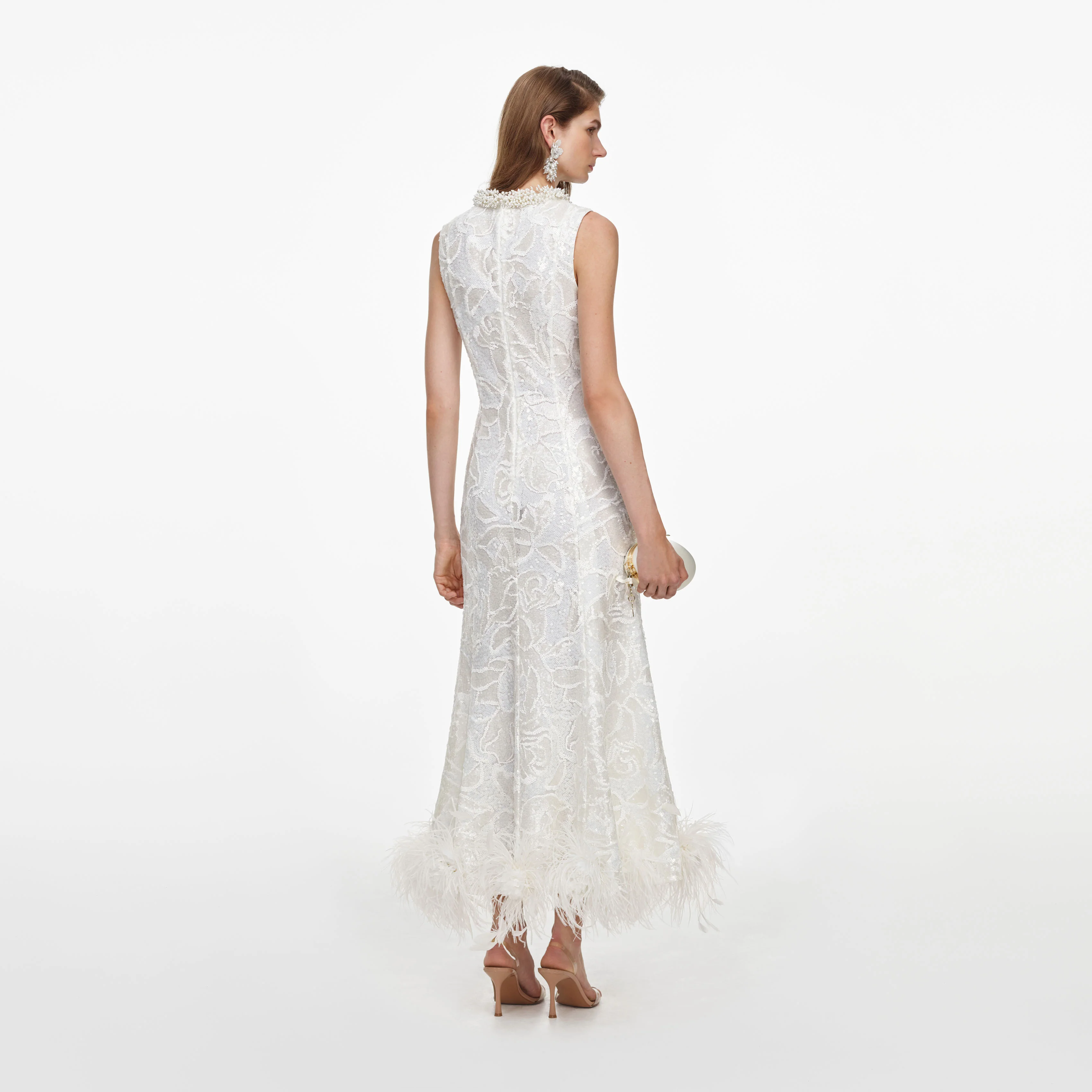 White Sequin Lace Feather Midi Dress - Image 3