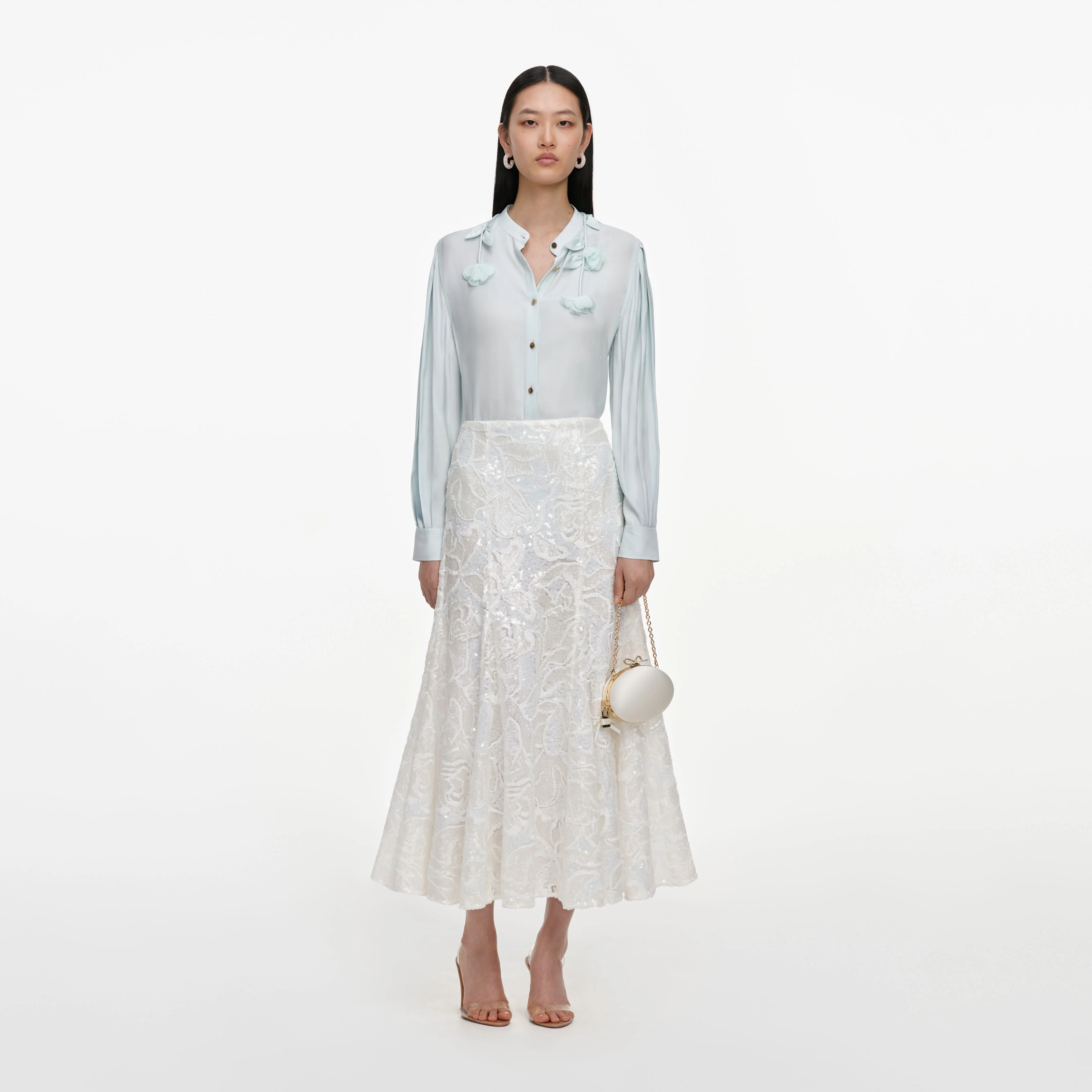 White Sequin Lace Midi Skirt