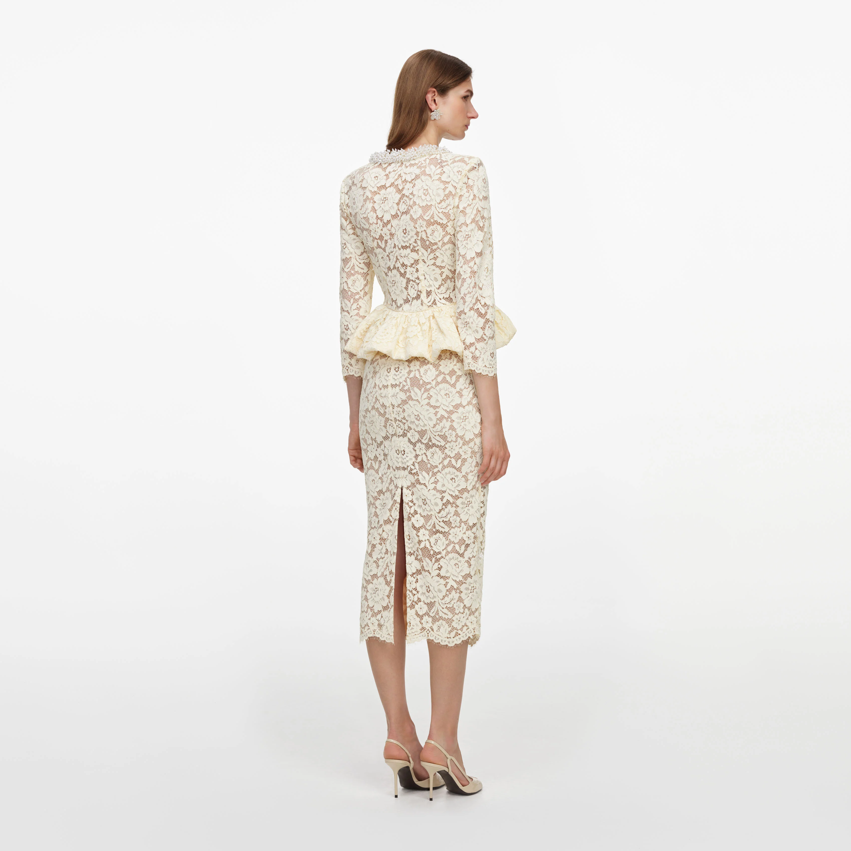 Yellow Lace Peplum Midi Dress - Image 3