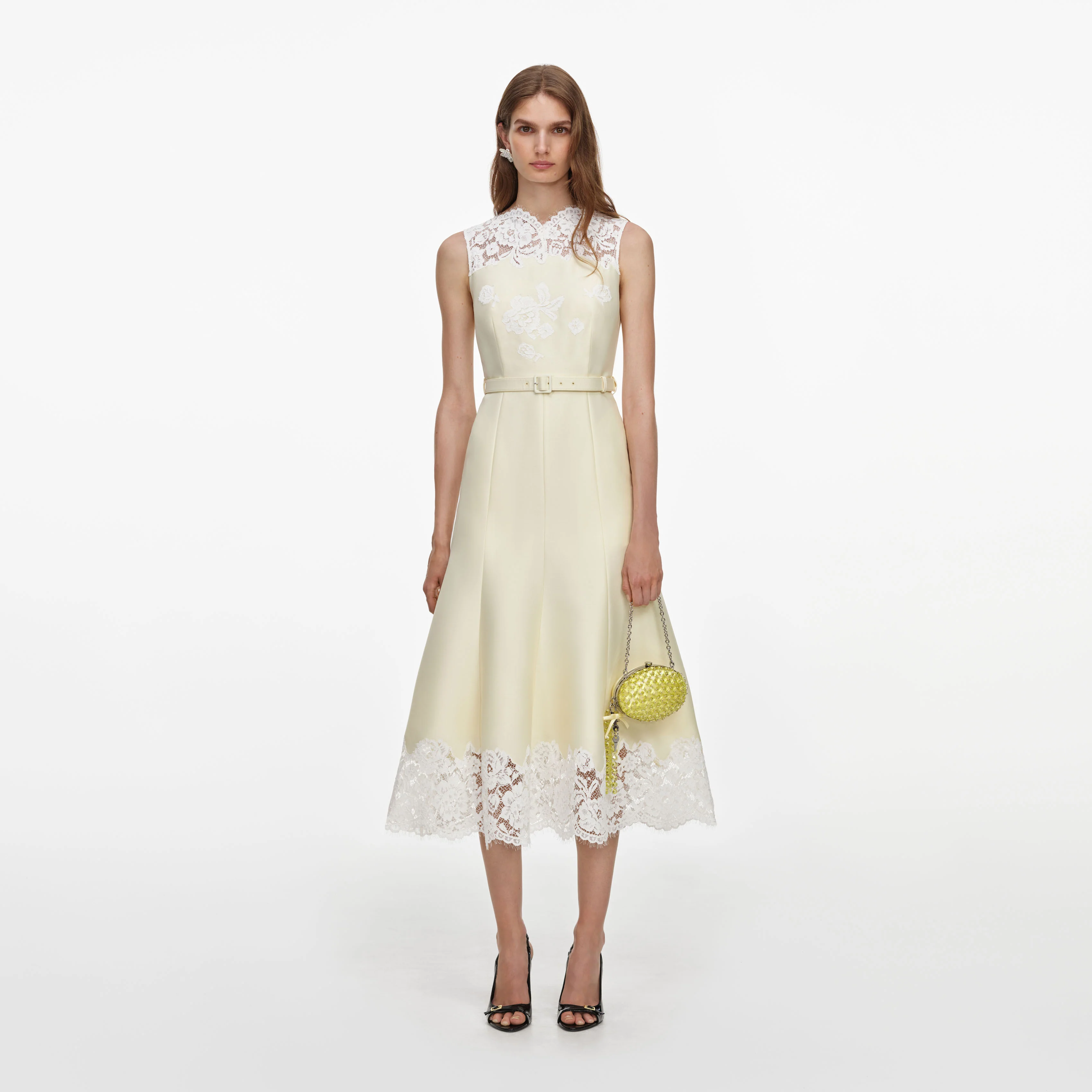 Yellow Taffeta Lace Midi Dress