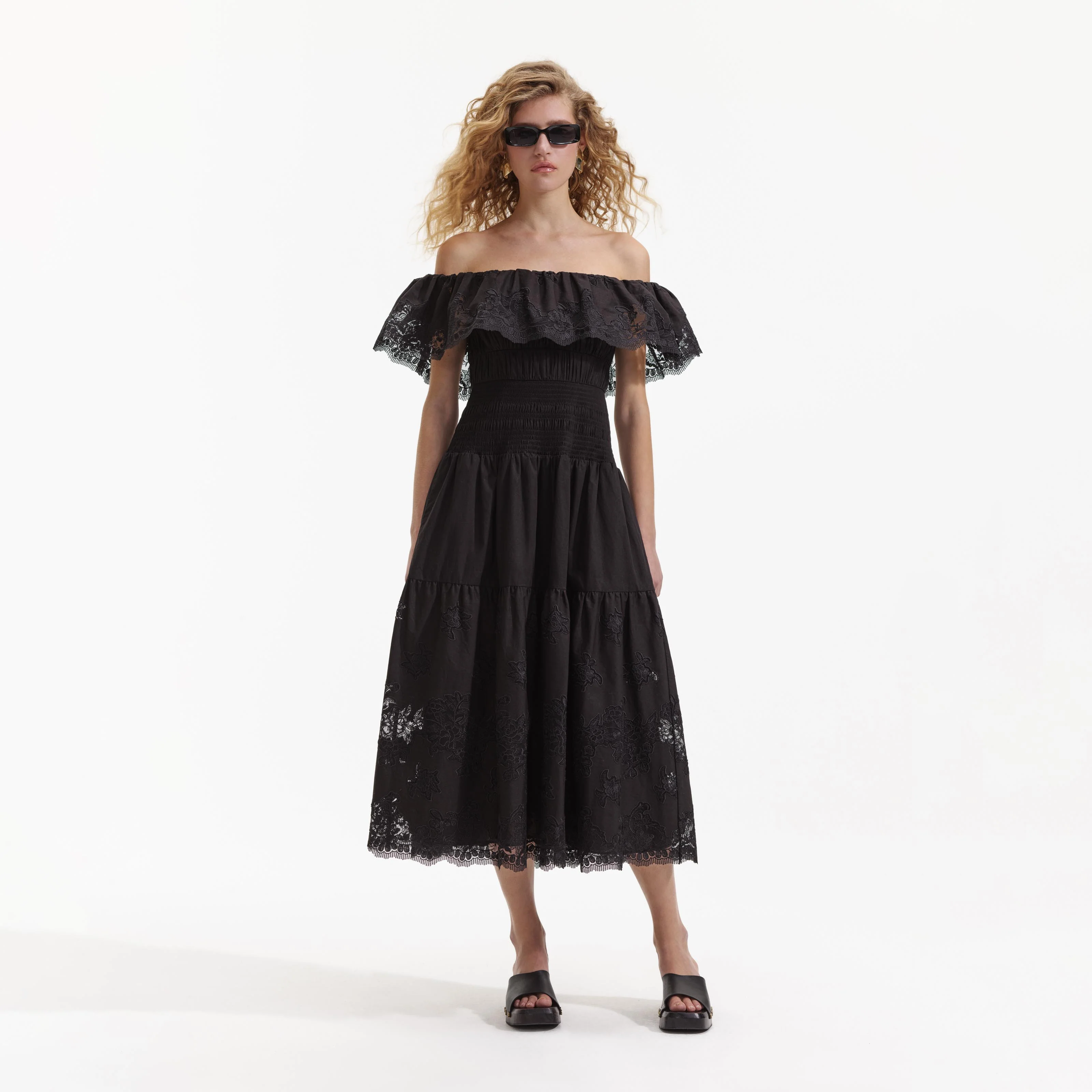 Black Cotton Off Shoulder Midi Dress