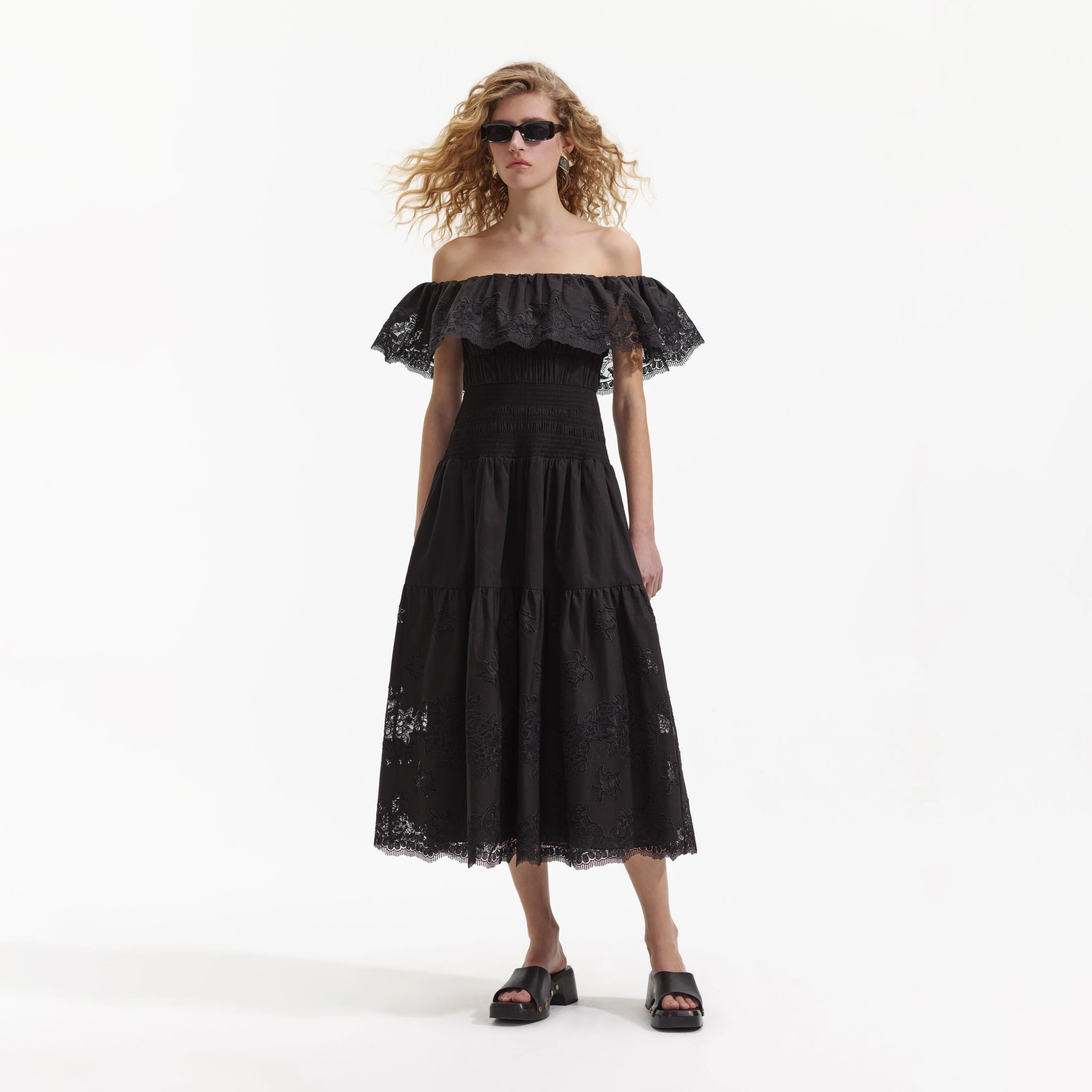 Black Cotton Off Shoulder Midi Dress - Image 2
