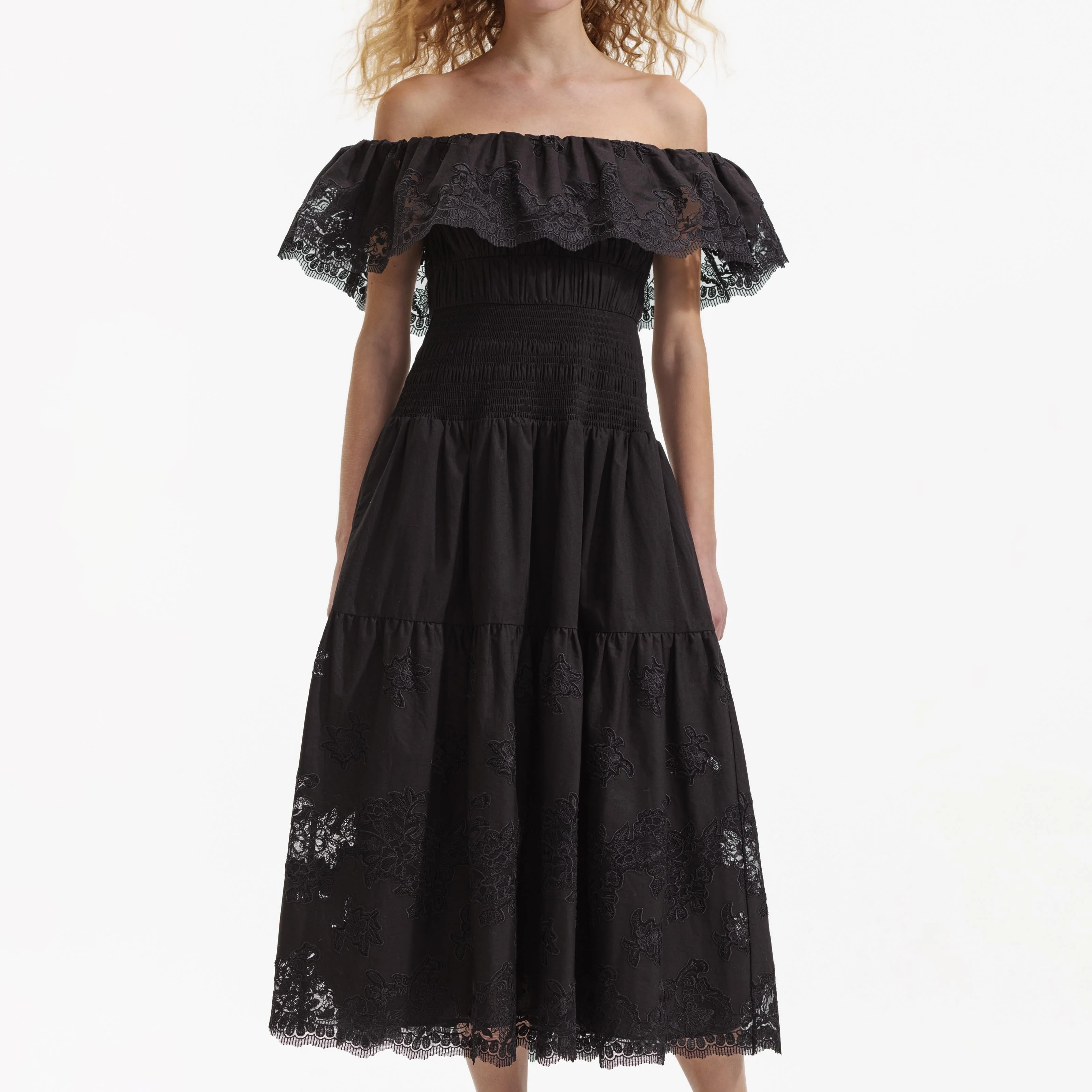 Black Cotton Off Shoulder Midi Dress - Image 4
