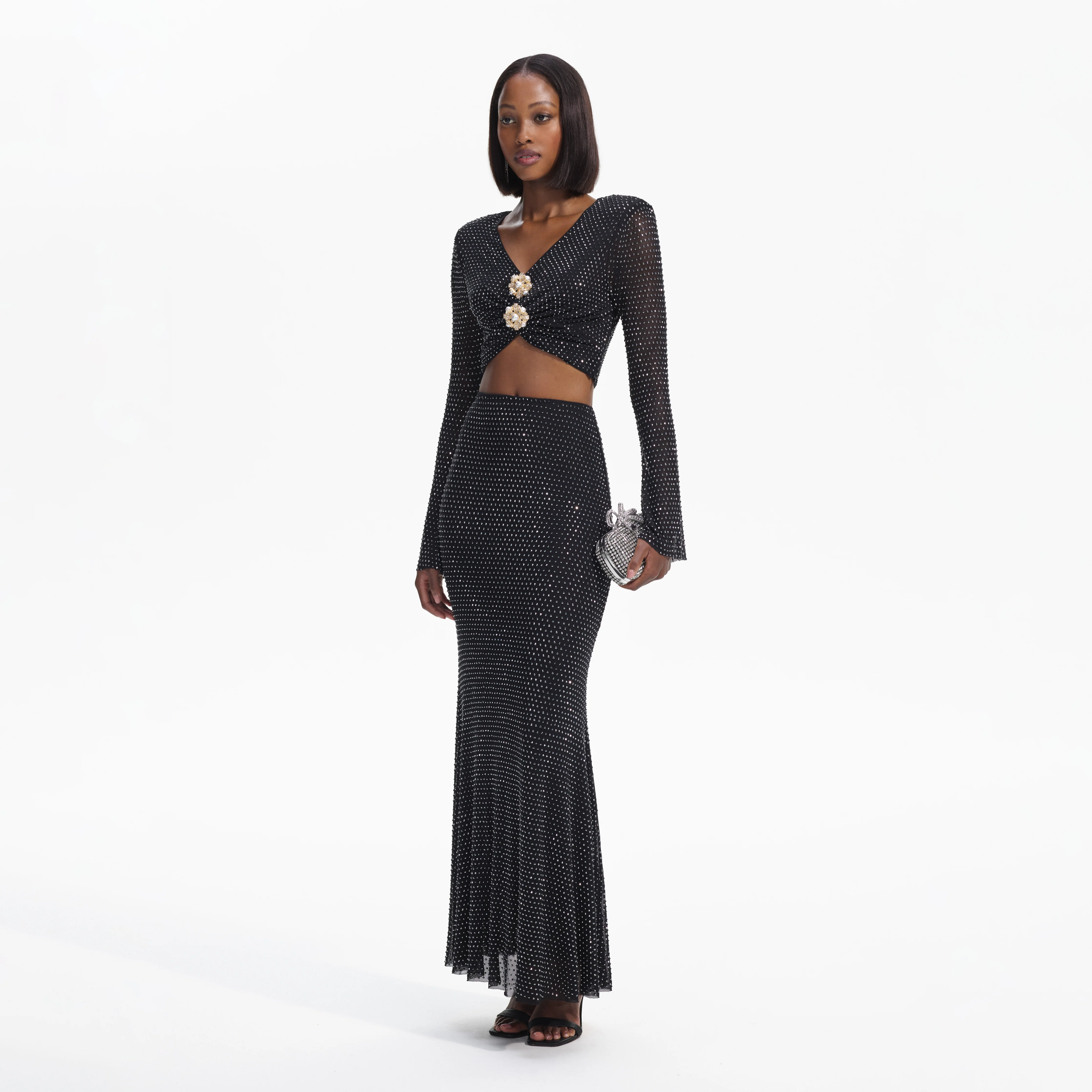 Black Rhinestone Flared Sleeve Top - Image 2