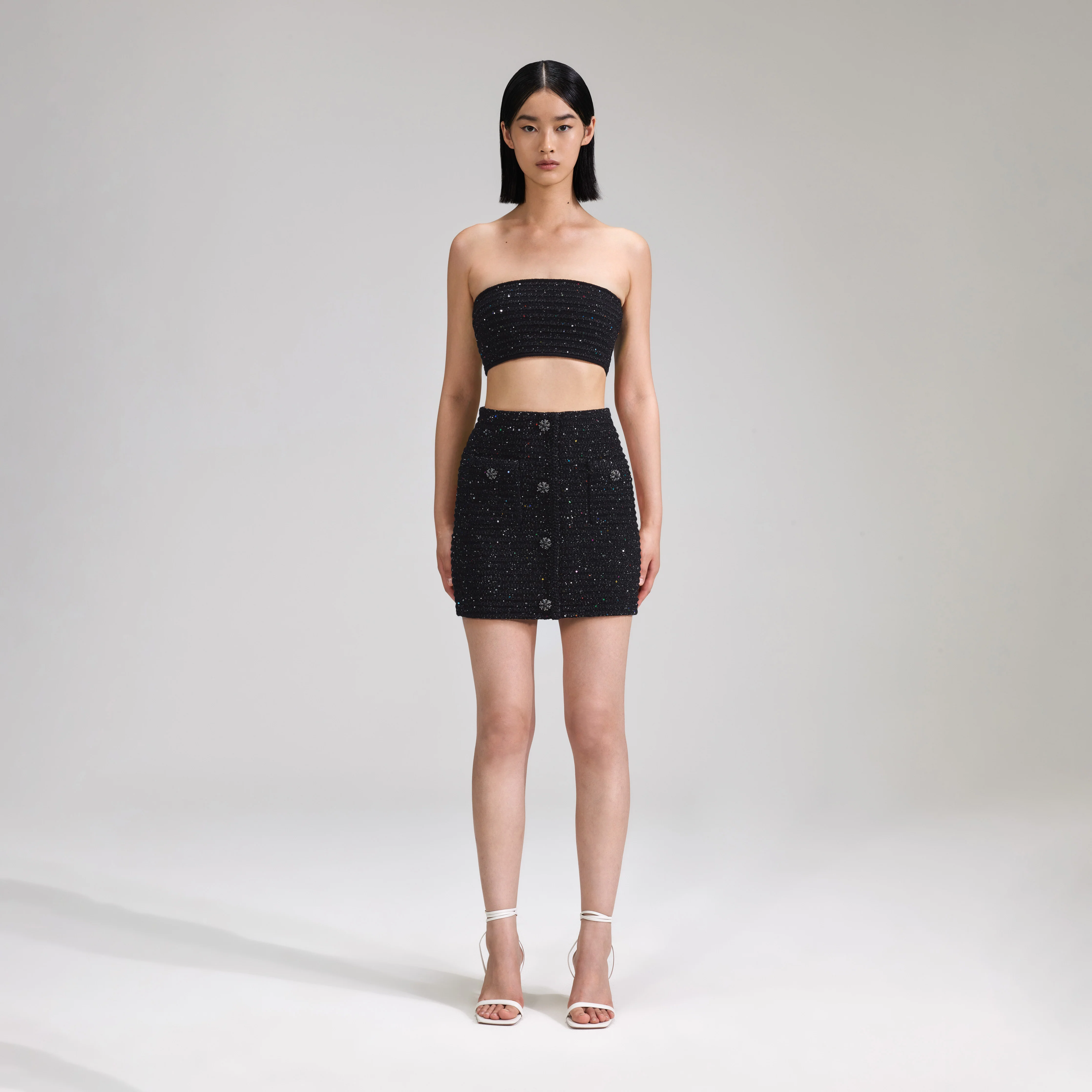 Black Sequin Knit Bandeau Top