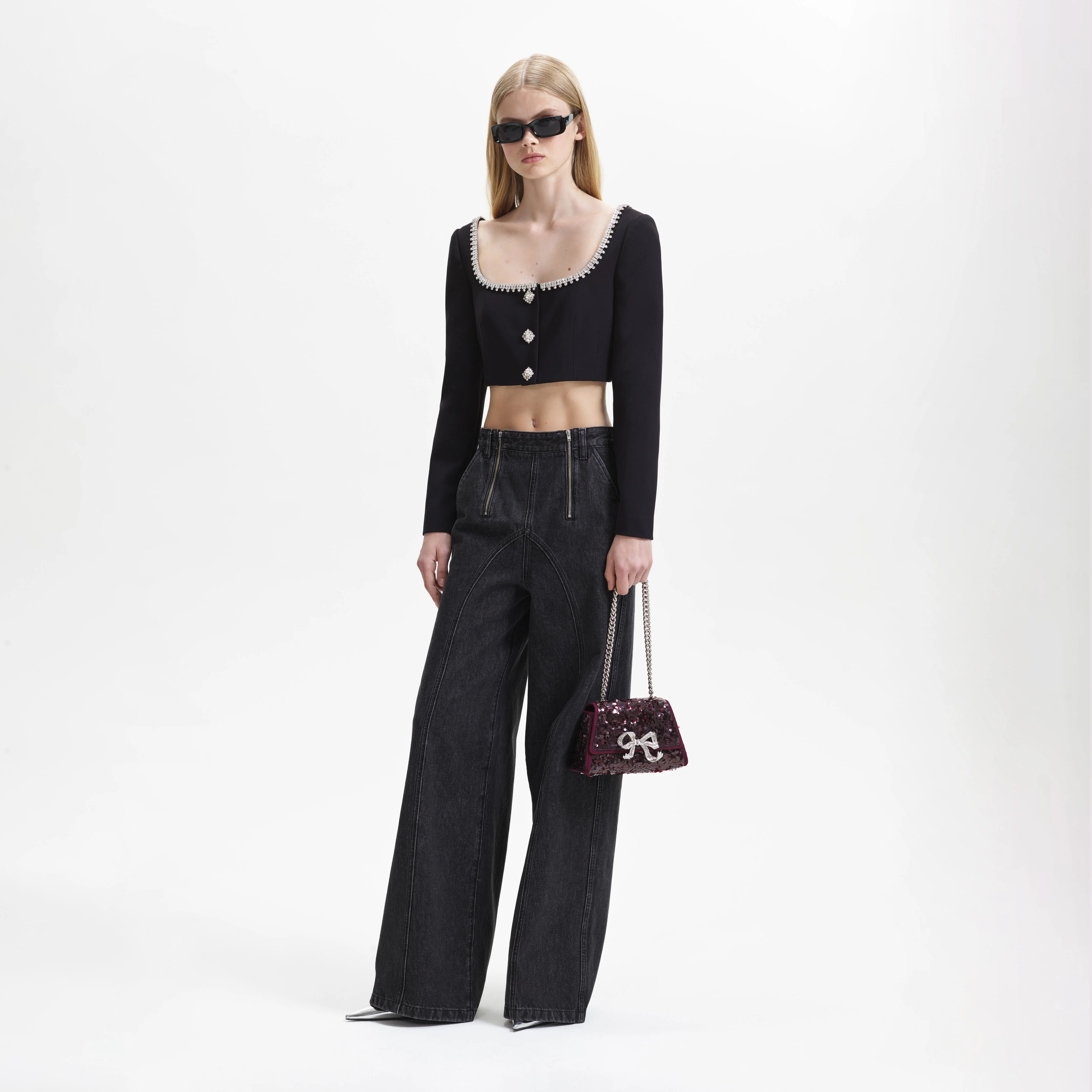 Black Wide Leg Stitch Detail Jeans - Image 2