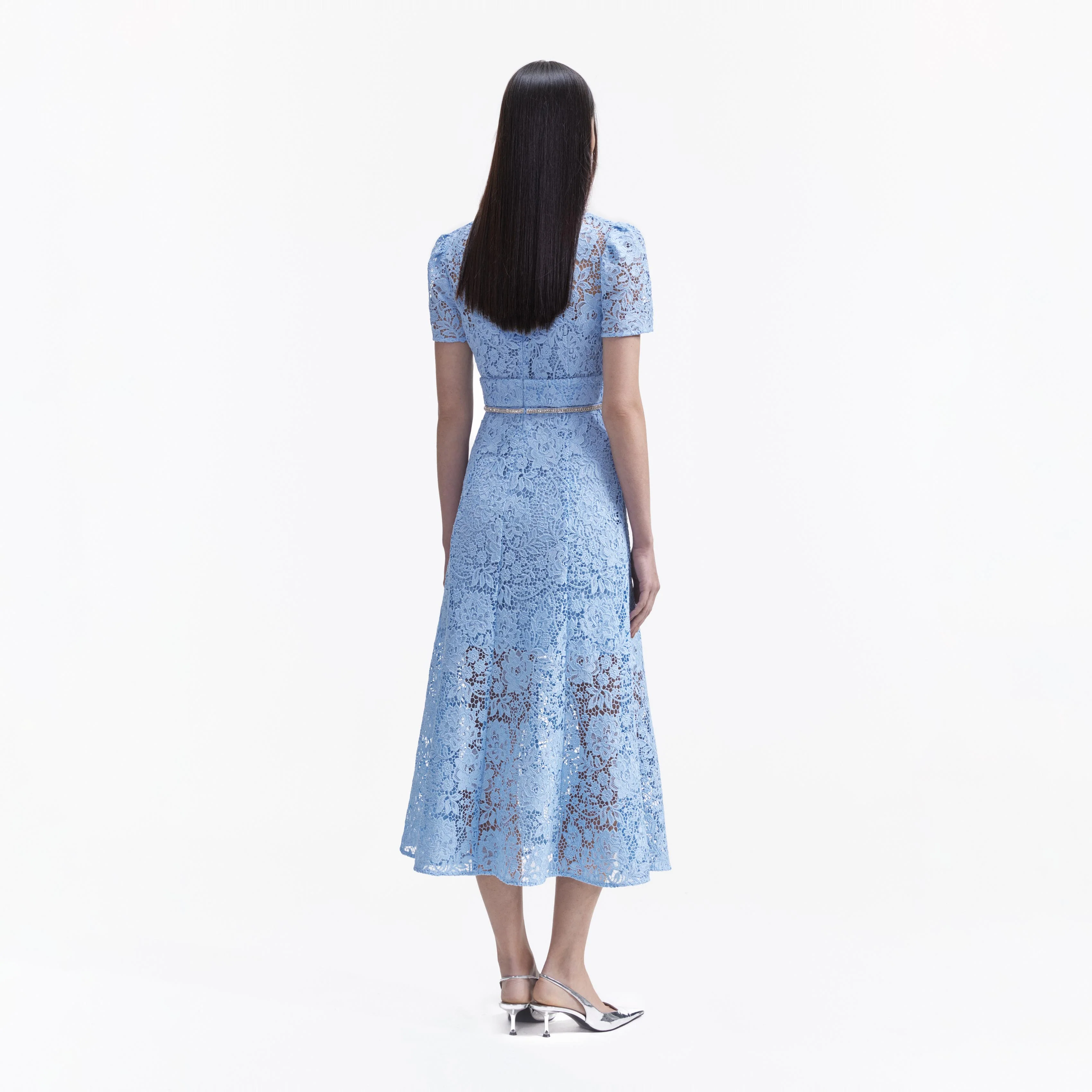 Blue Cord Lace Bow Midi Dress - Image 3