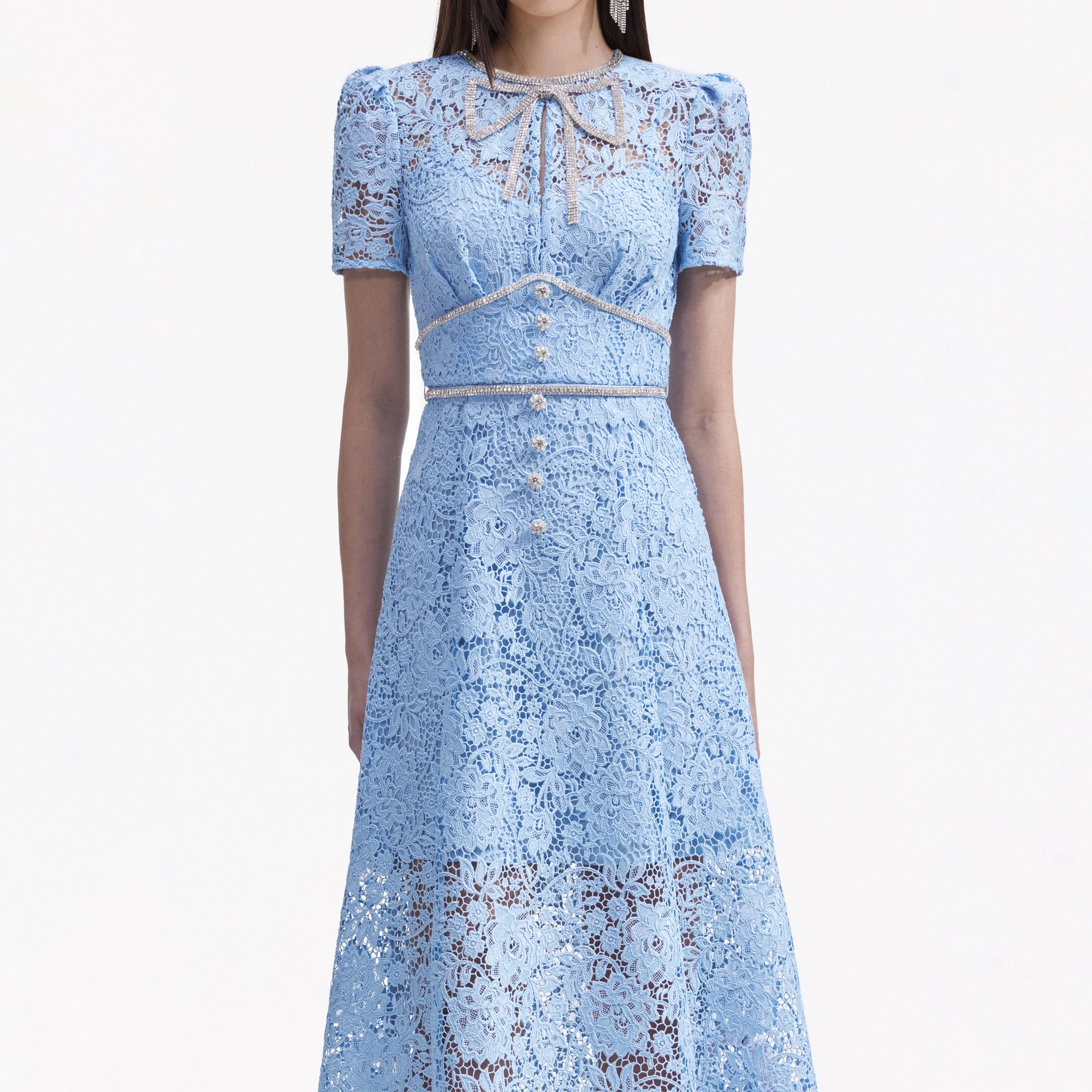 Blue Cord Lace Bow Midi Dress - Image 4
