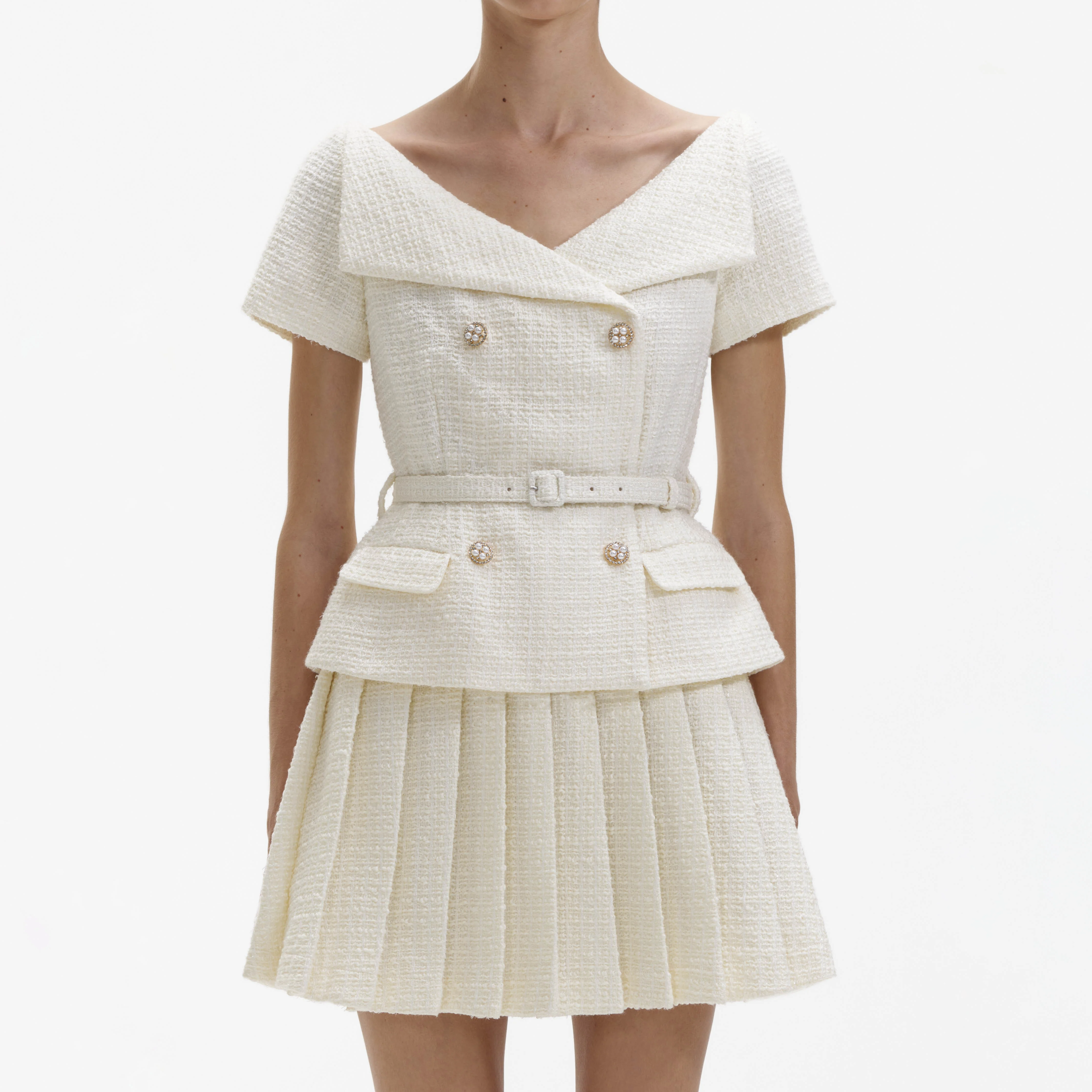 Cream Boucle Pleated Mini Dress - Image 4