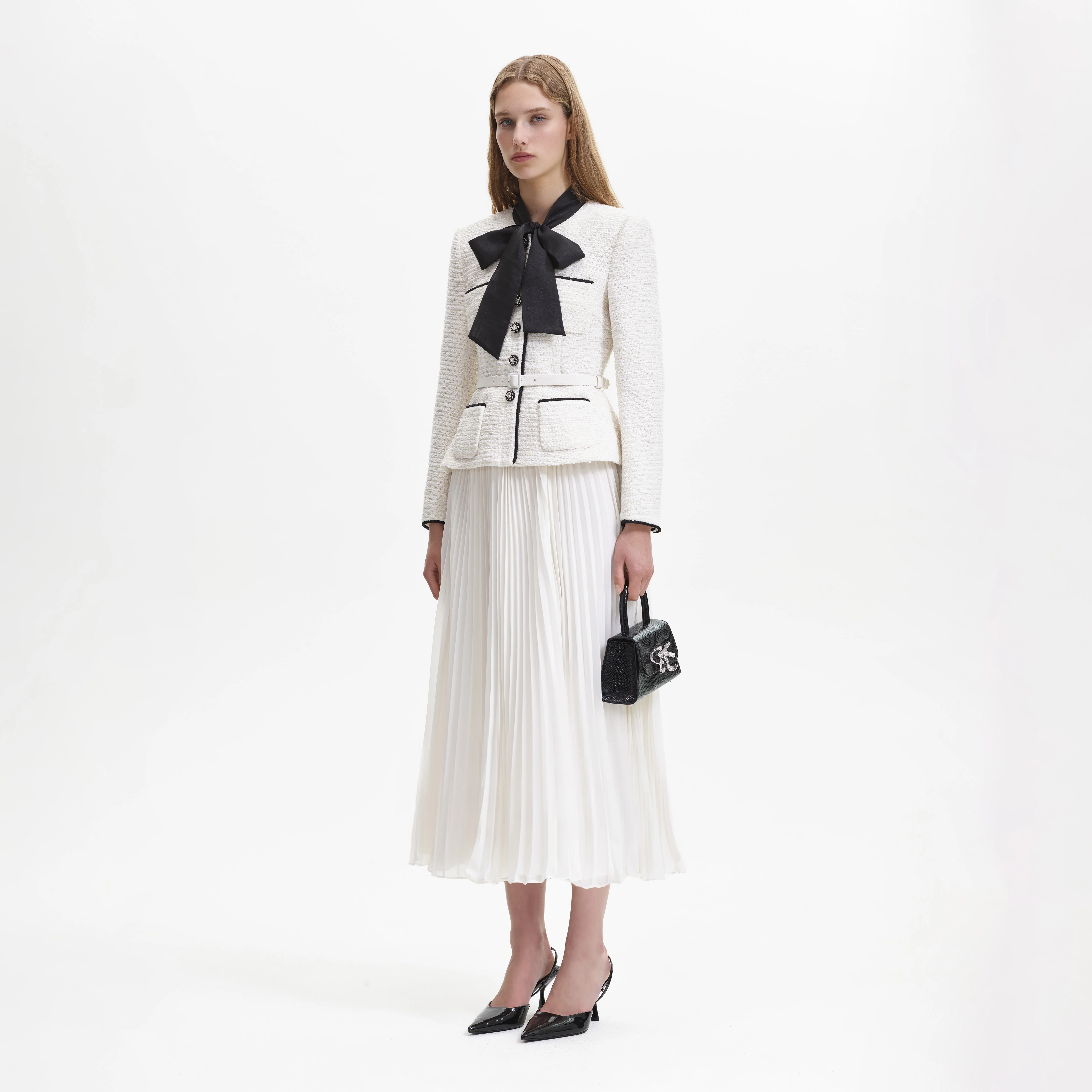 Cream Boucle Pussy Bow Midi Dress - Image 2
