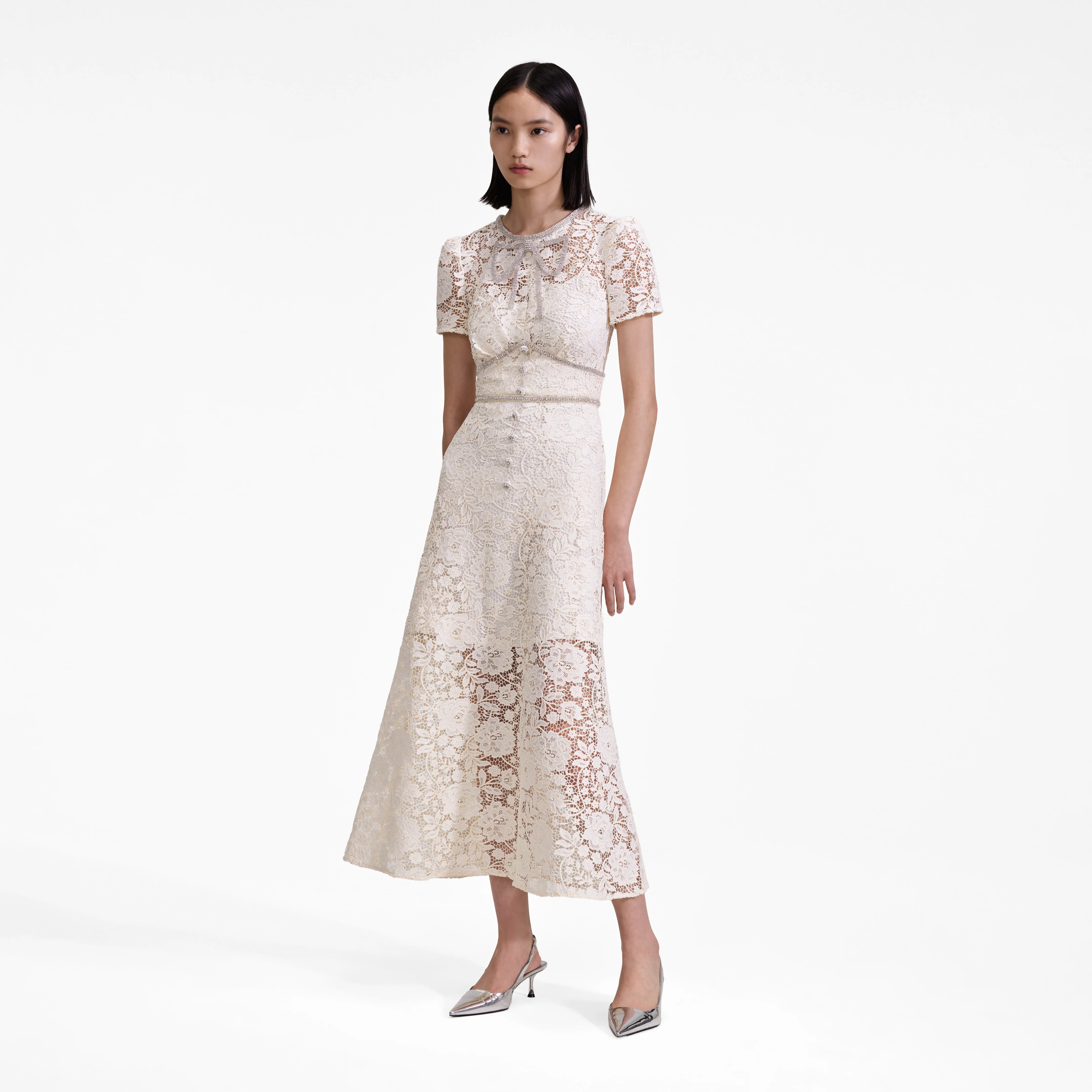 Cream Cord Lace Bow Midi Dress - Image 2
