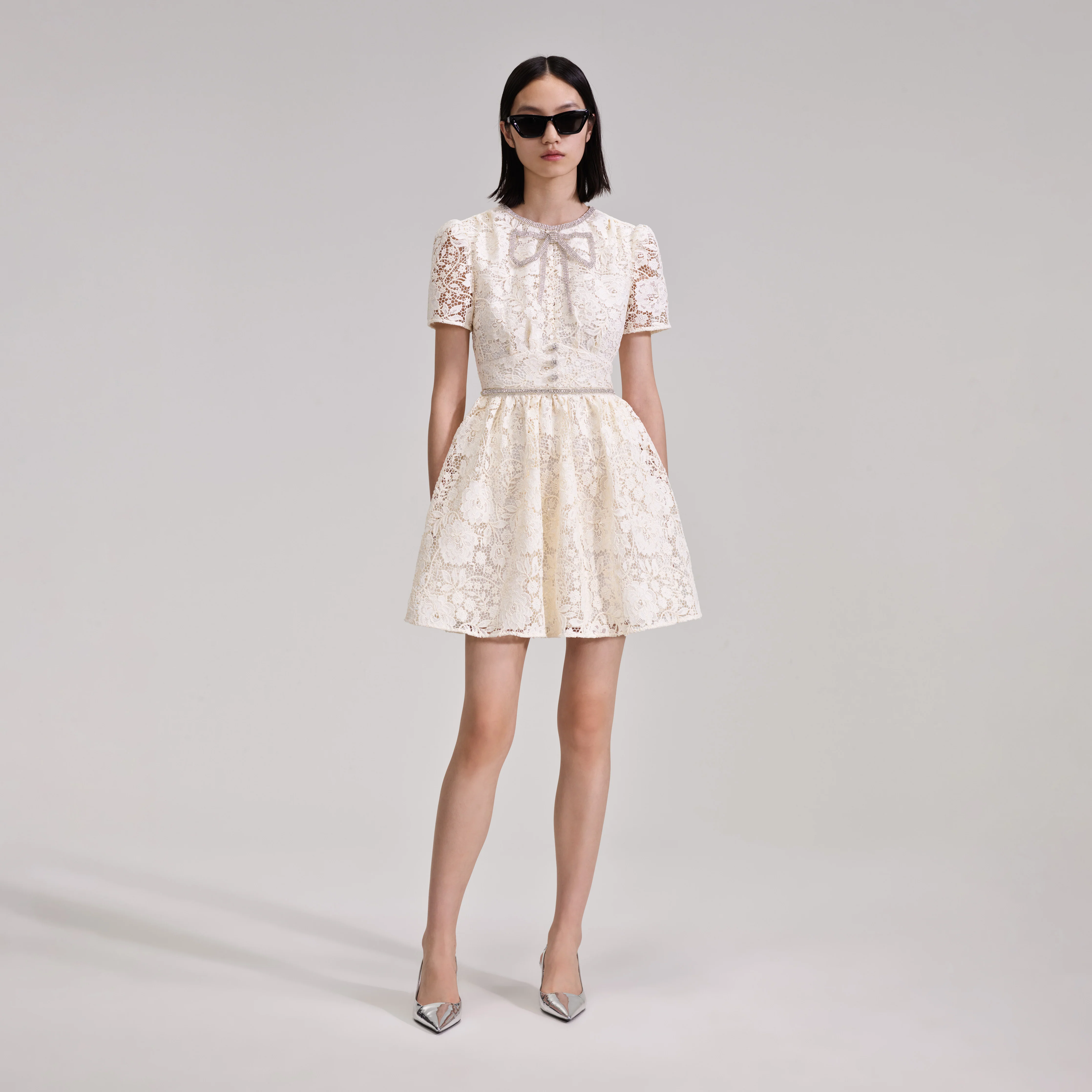 Cream Cord Lace Bow Mini Dress