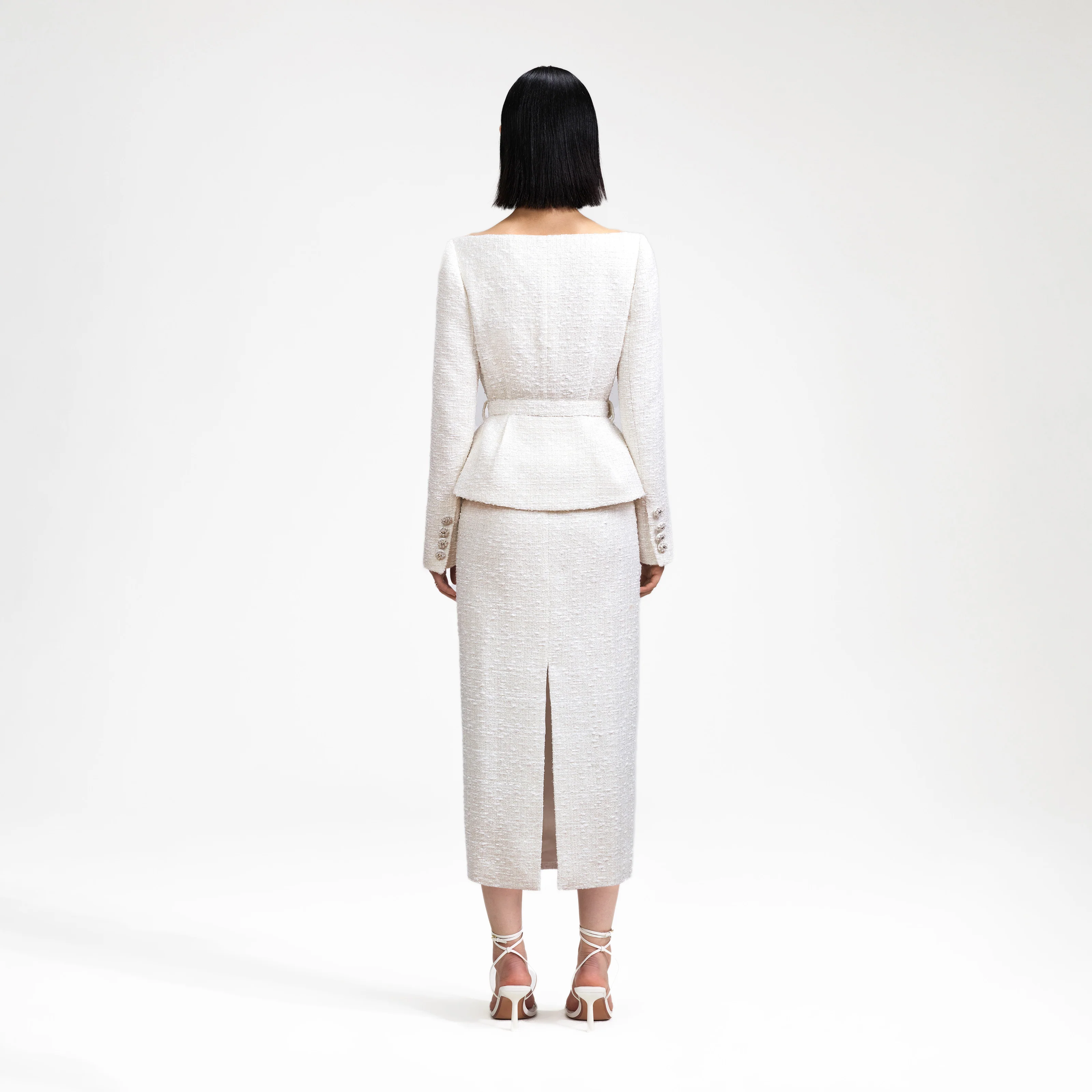 Cream Off Shoulder Boucle Midi Dress - Image 3