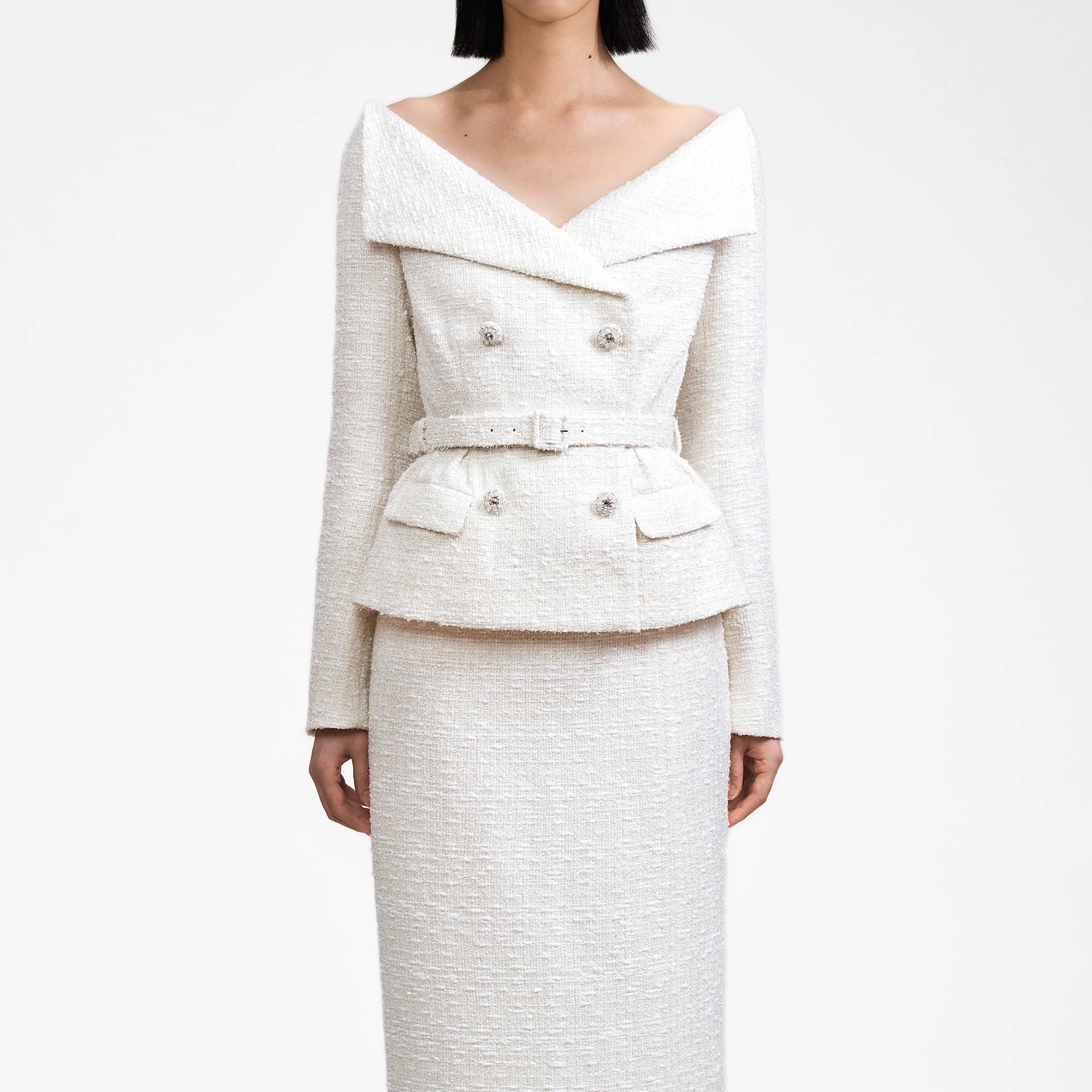 Cream Off Shoulder Boucle Midi Dress - Image 4