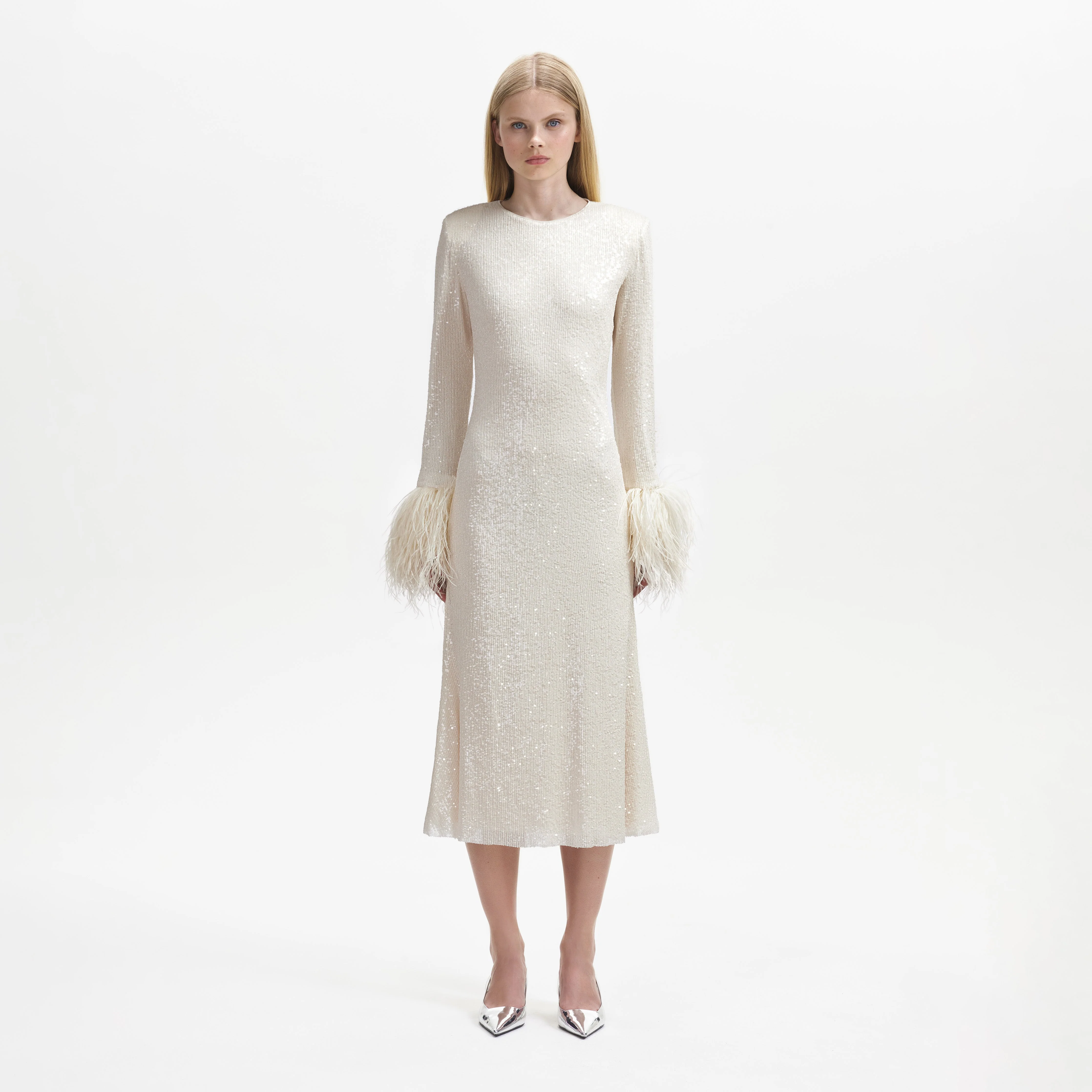 Cream Sequin Feather Midi Dress