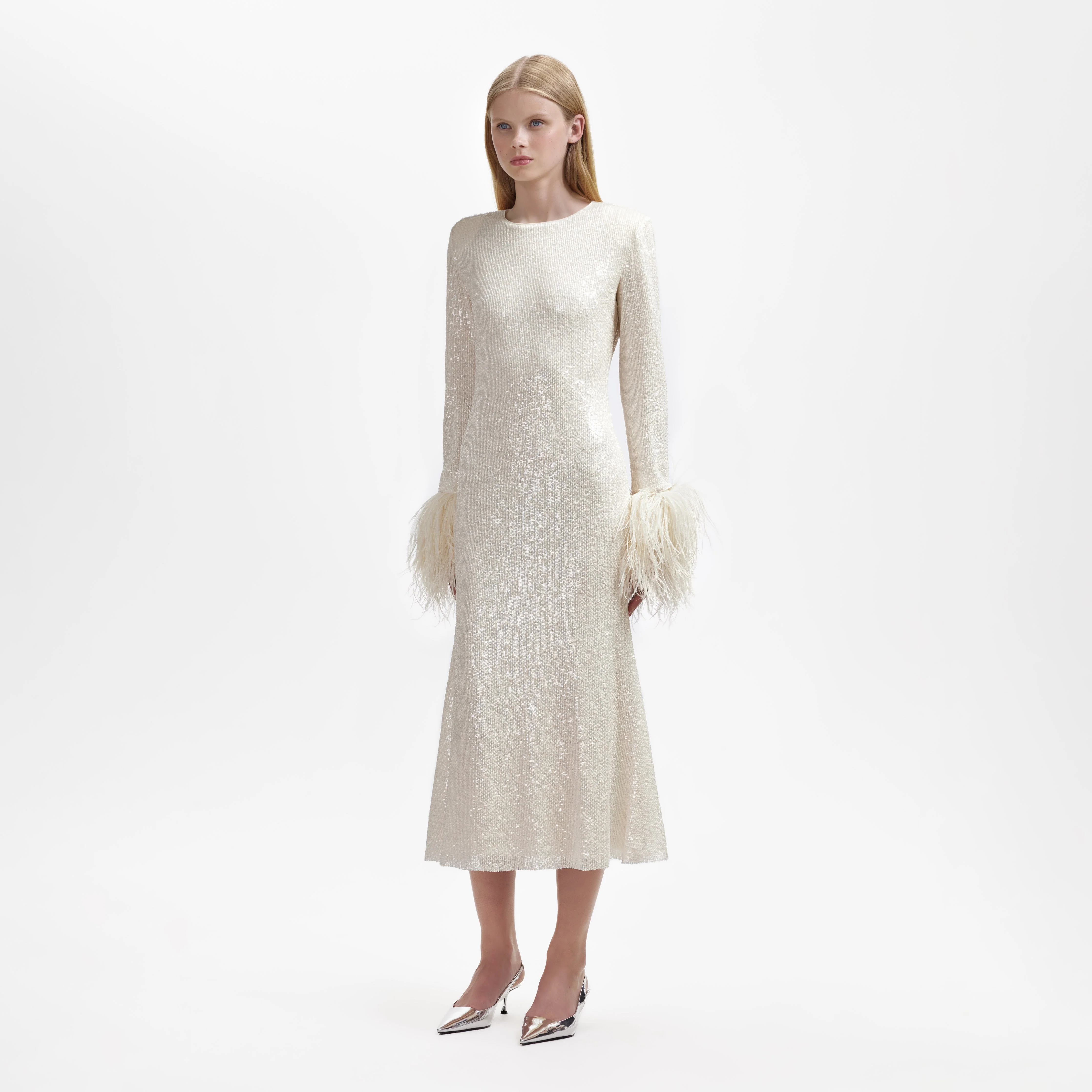 Cream Sequin Feather Midi Dress - Image 2