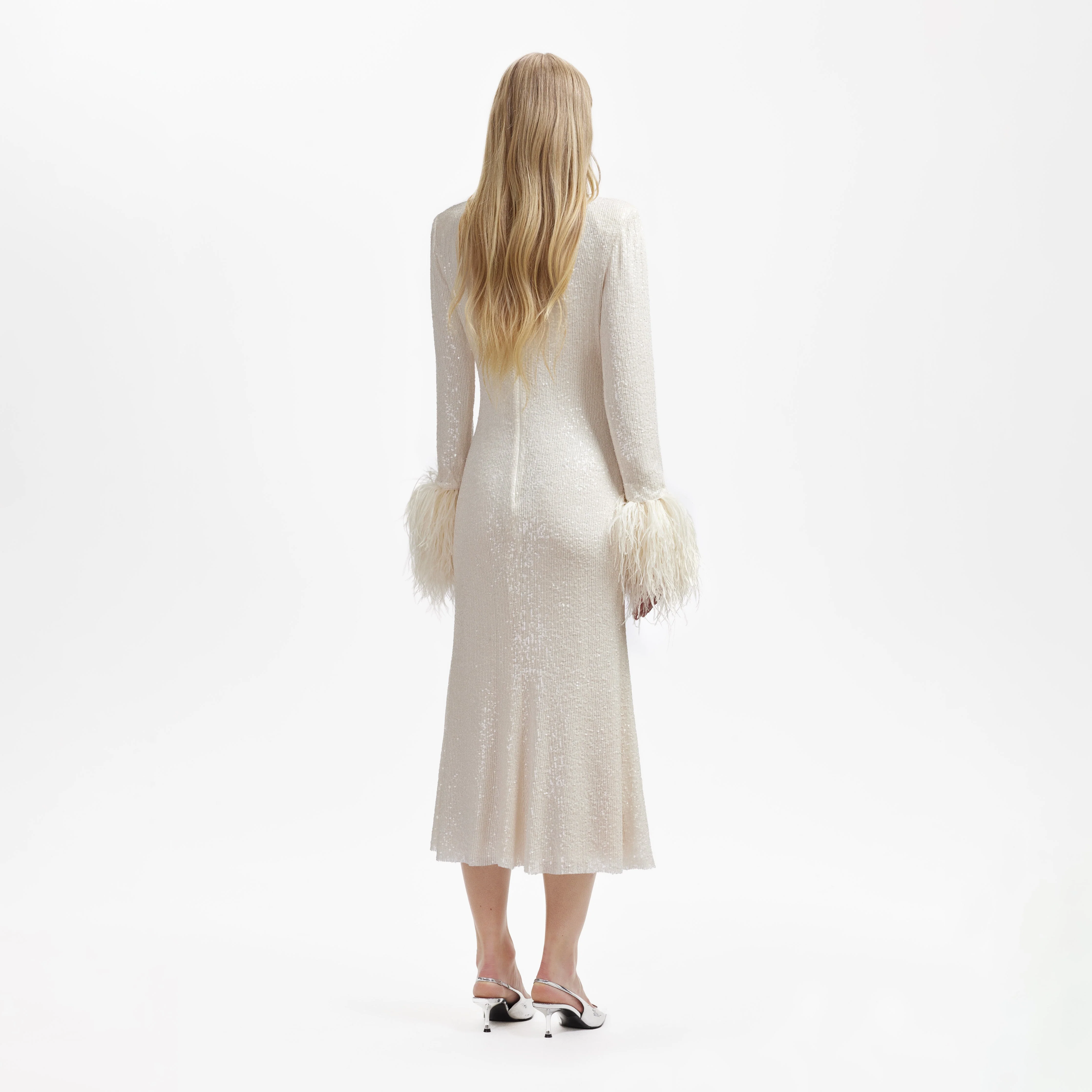 Cream Sequin Feather Midi Dress - Image 3