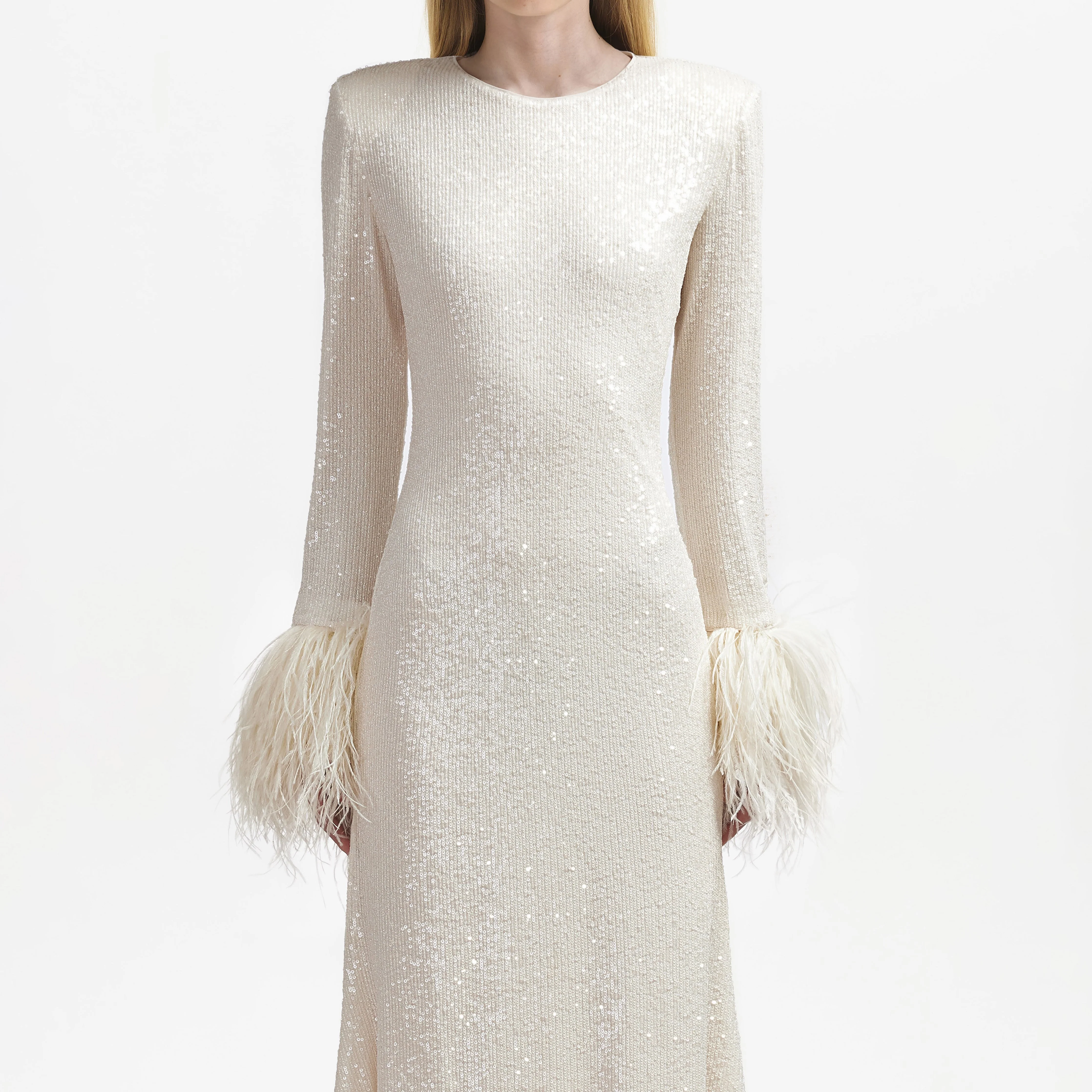 Cream Sequin Feather Midi Dress - Image 4