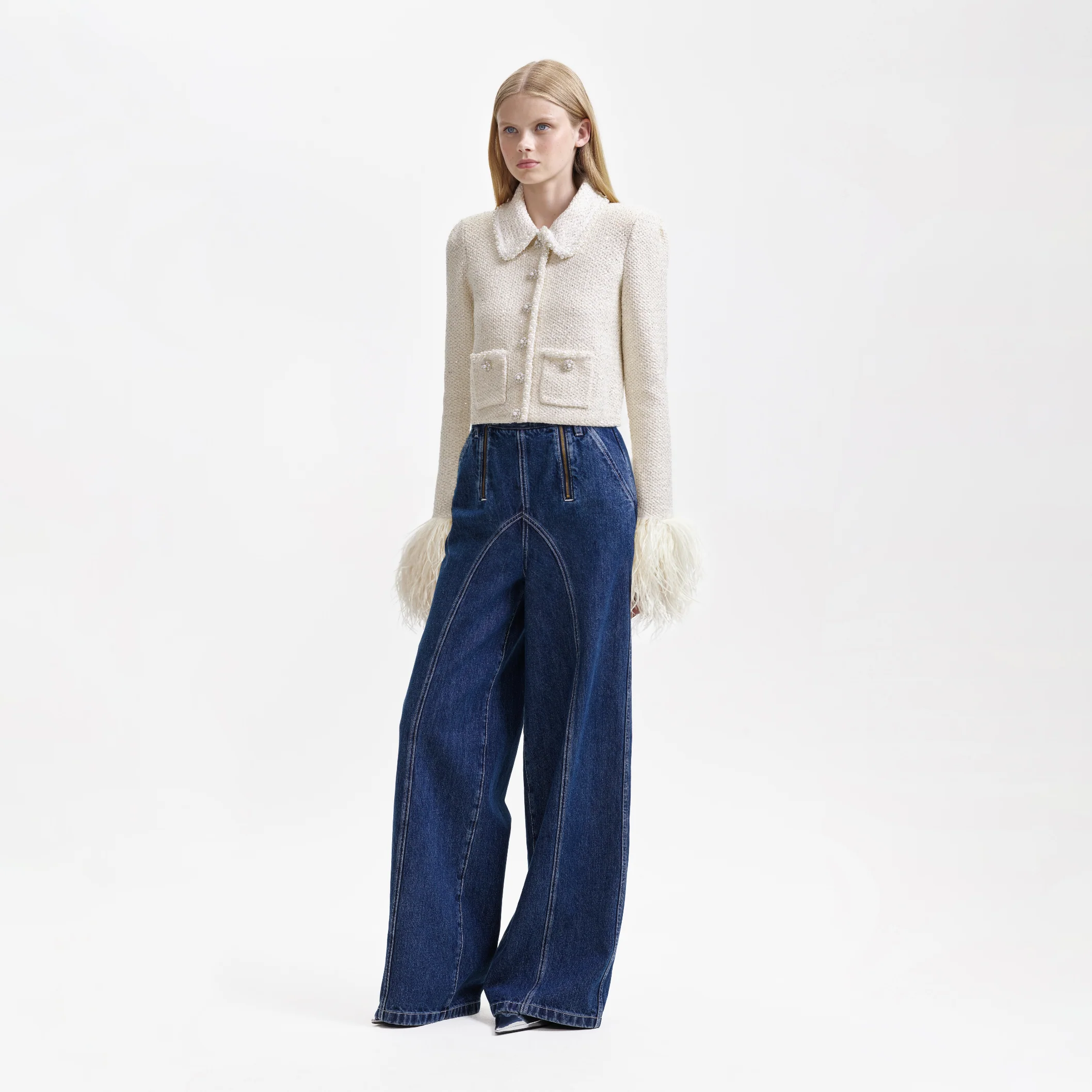 Cream Sequin Pearl Cropped Feather Cardigan - Image 2