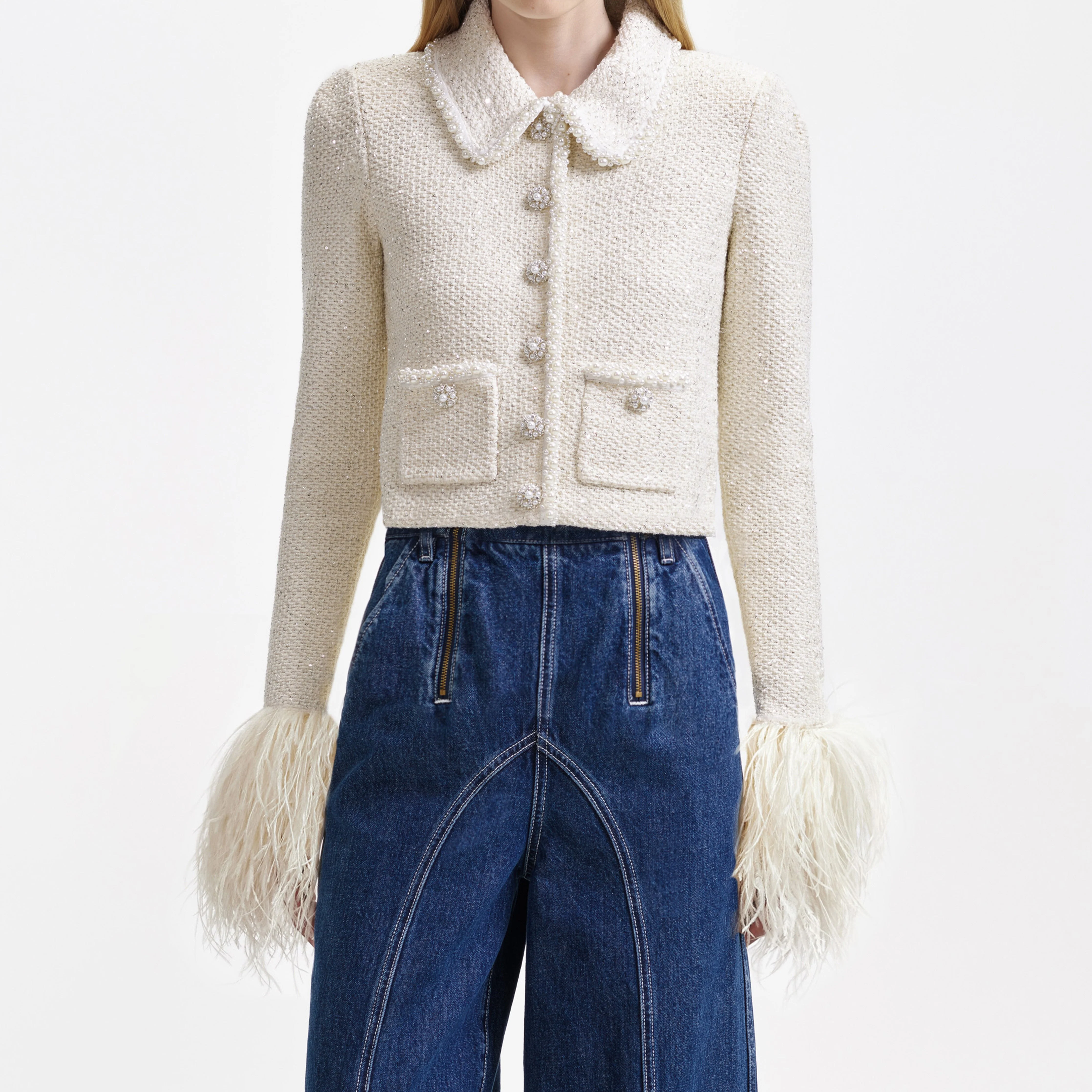 Cream Sequin Pearl Cropped Feather Cardigan - Image 4