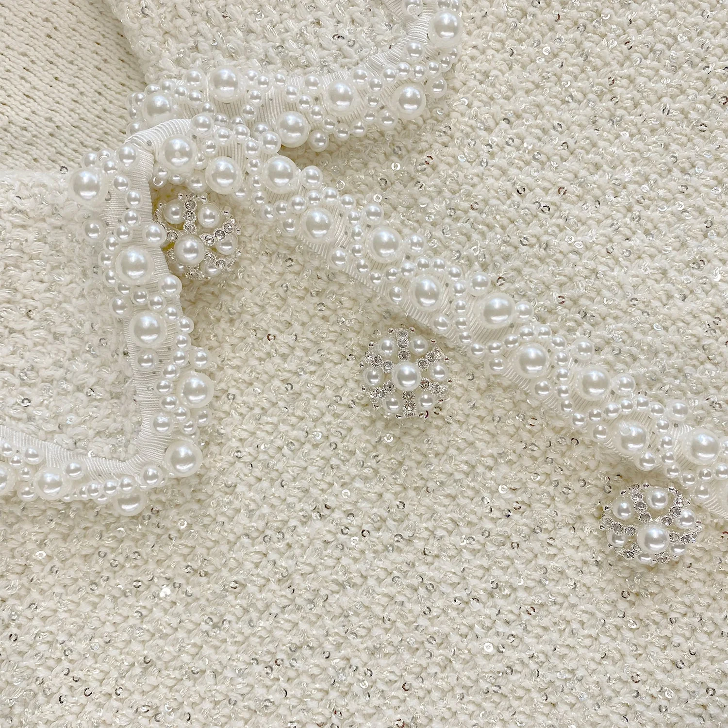 Cream Sequin Pearl Cropped Feather Cardigan - Image 5