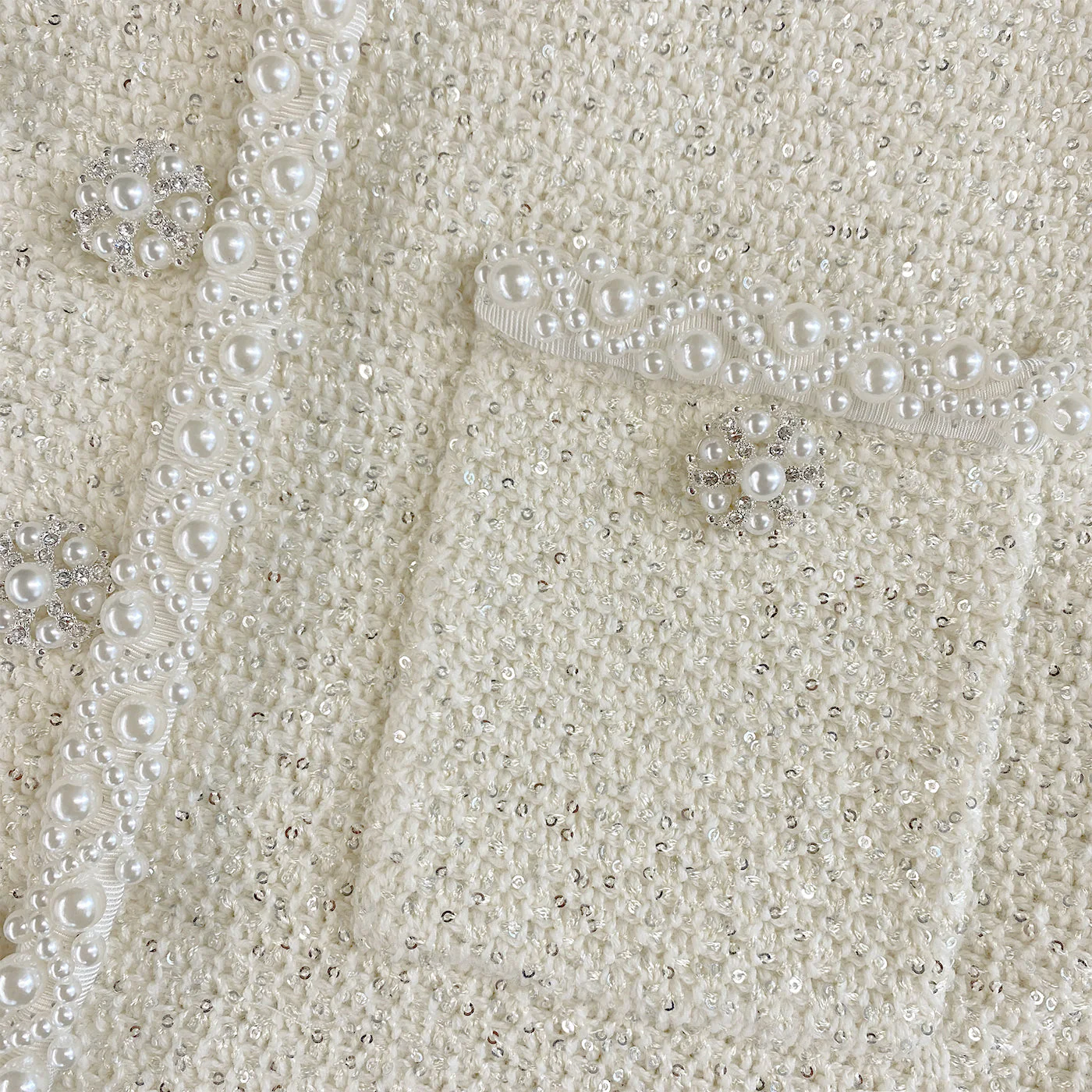 Cream Sequin Pearl Cropped Feather Cardigan - Image 6