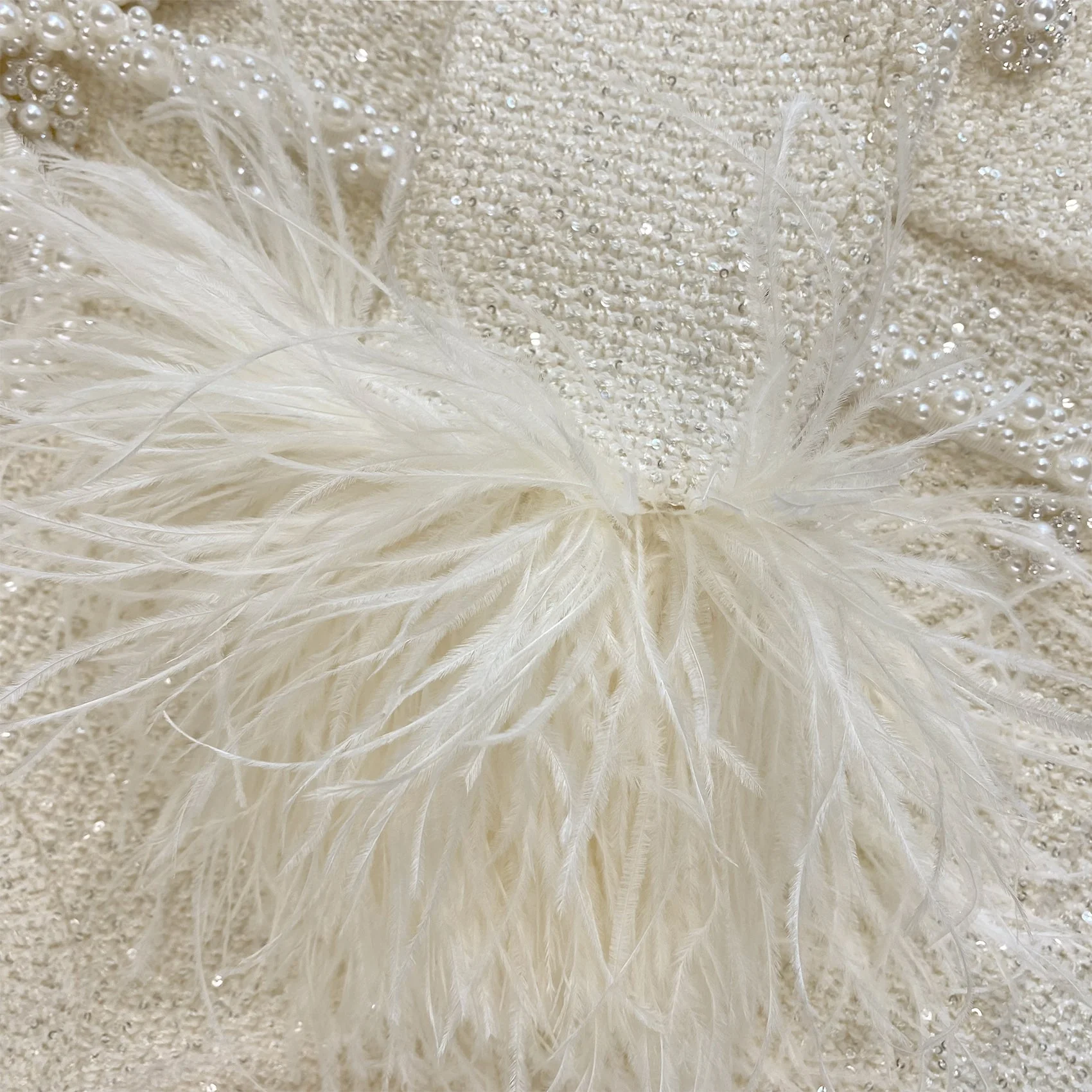 Cream Sequin Pearl Cropped Feather Cardigan - Image 7