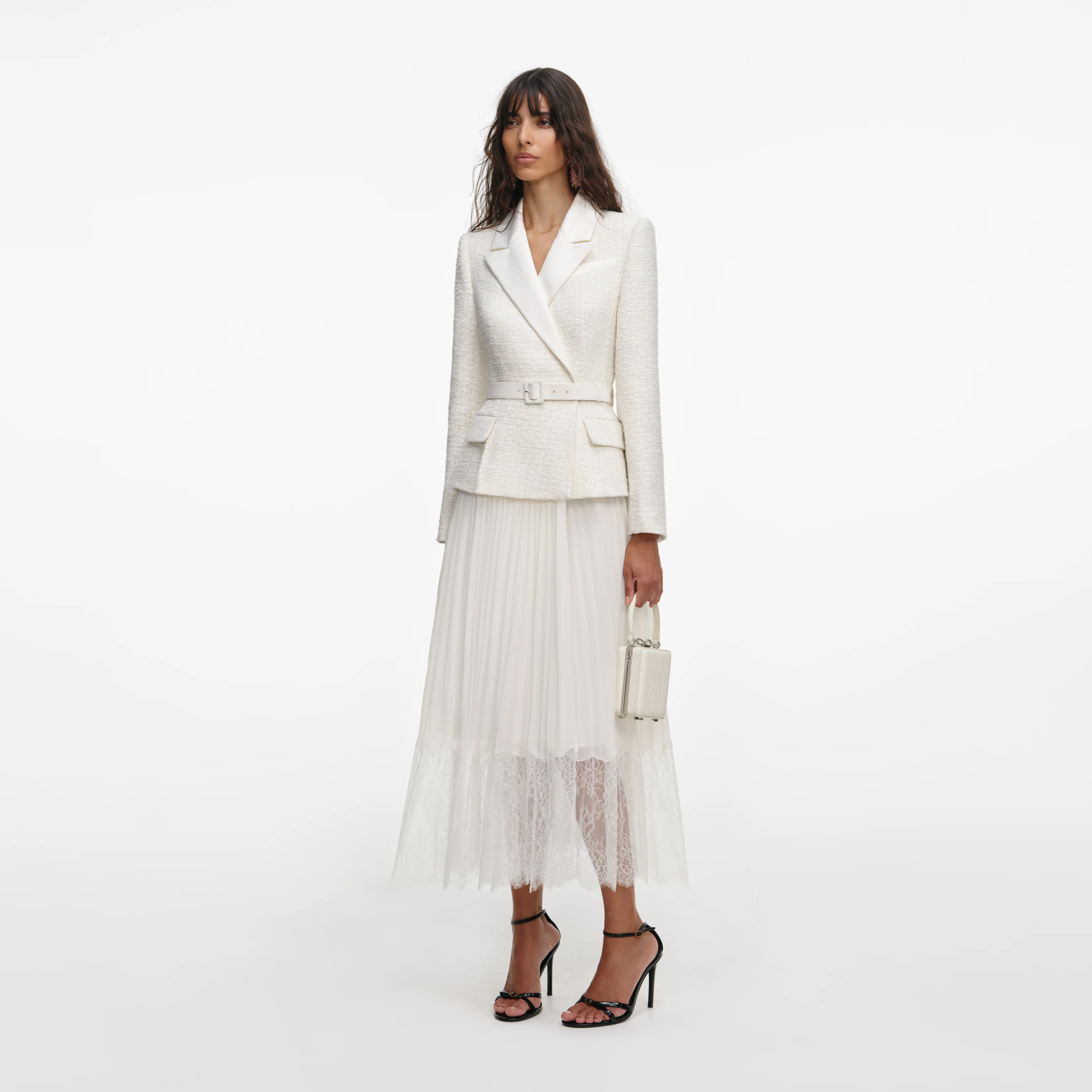 Cream Tailored Bouclé And Chiffon Midi Dress - Image 2