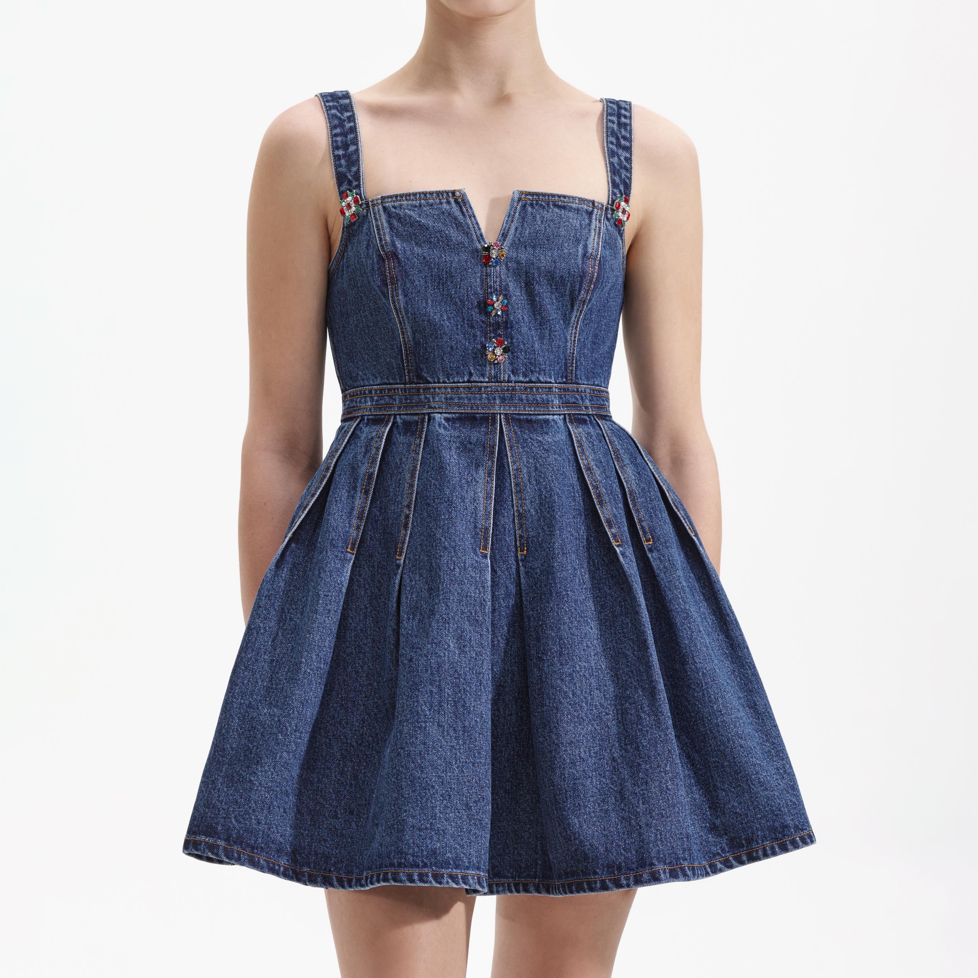 Denim Embellished Mini Dress - Image 4