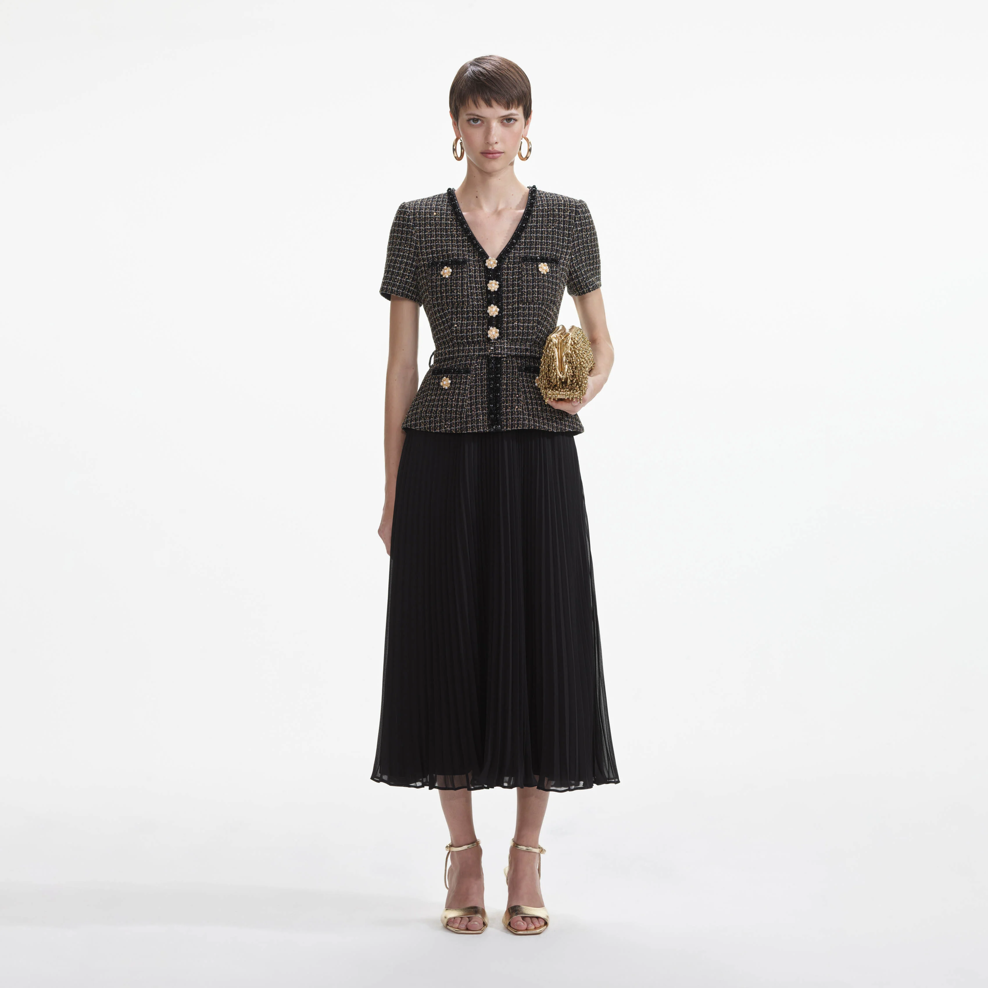Black Boucle Chiffon Midi Dress