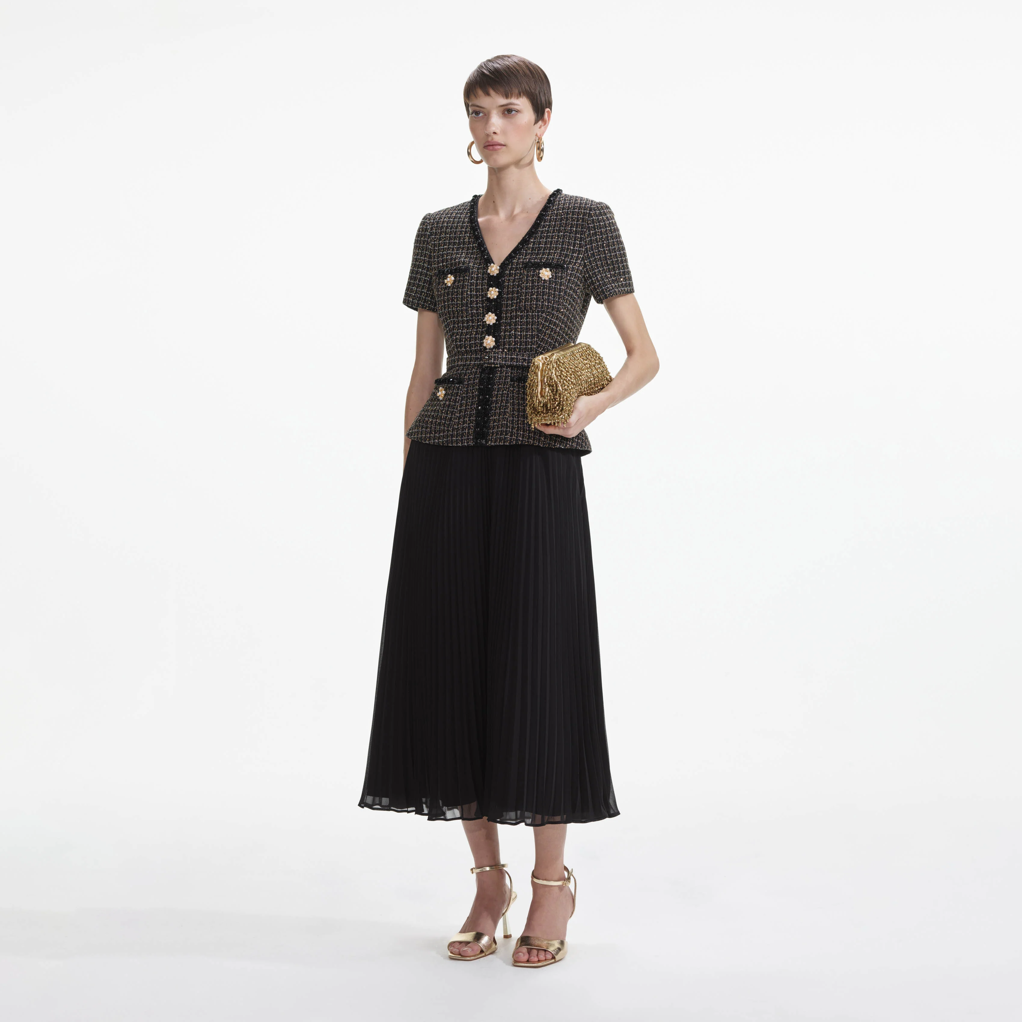 Black Boucle Chiffon Midi Dress - Image 2