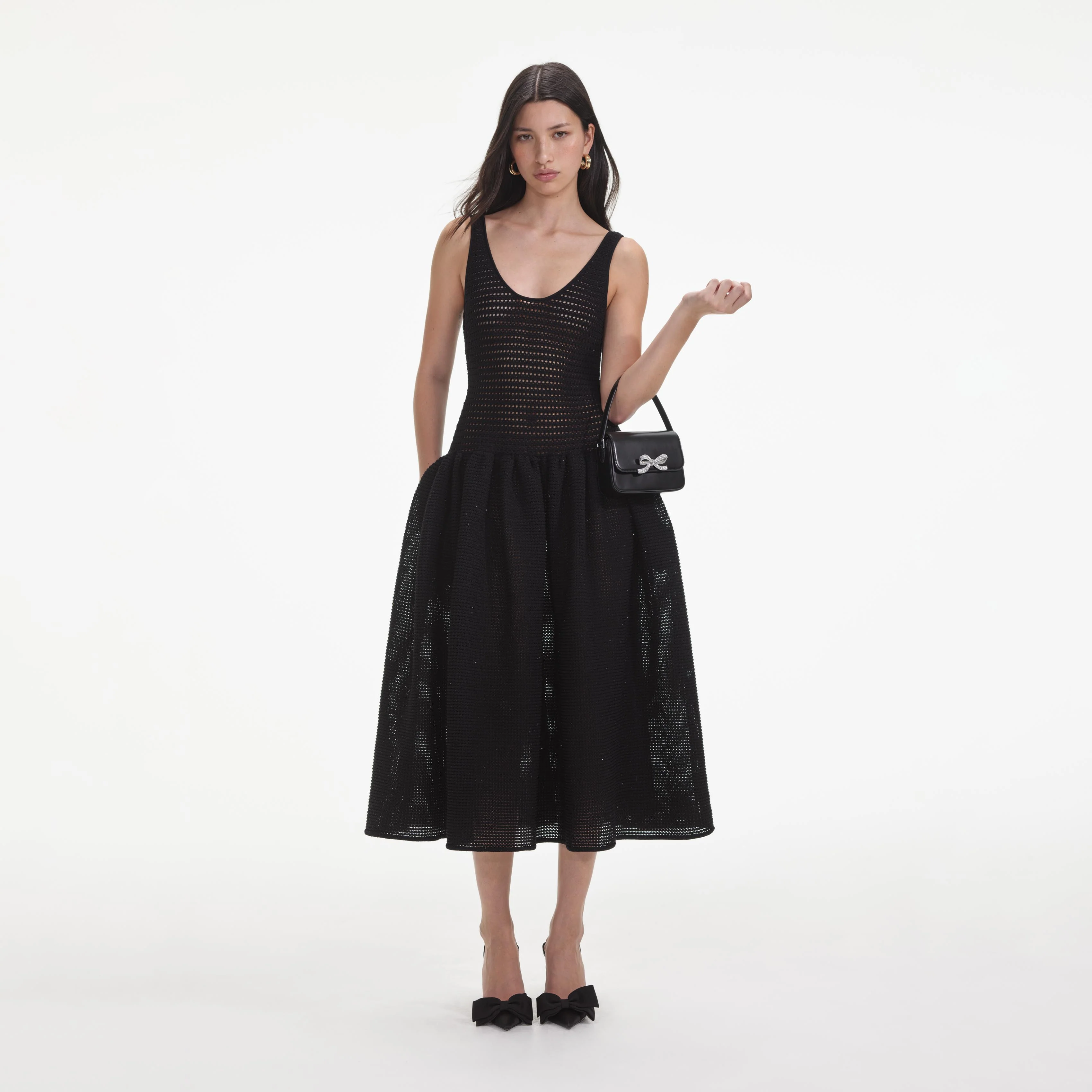 Black Crochet Knit Midi Dress