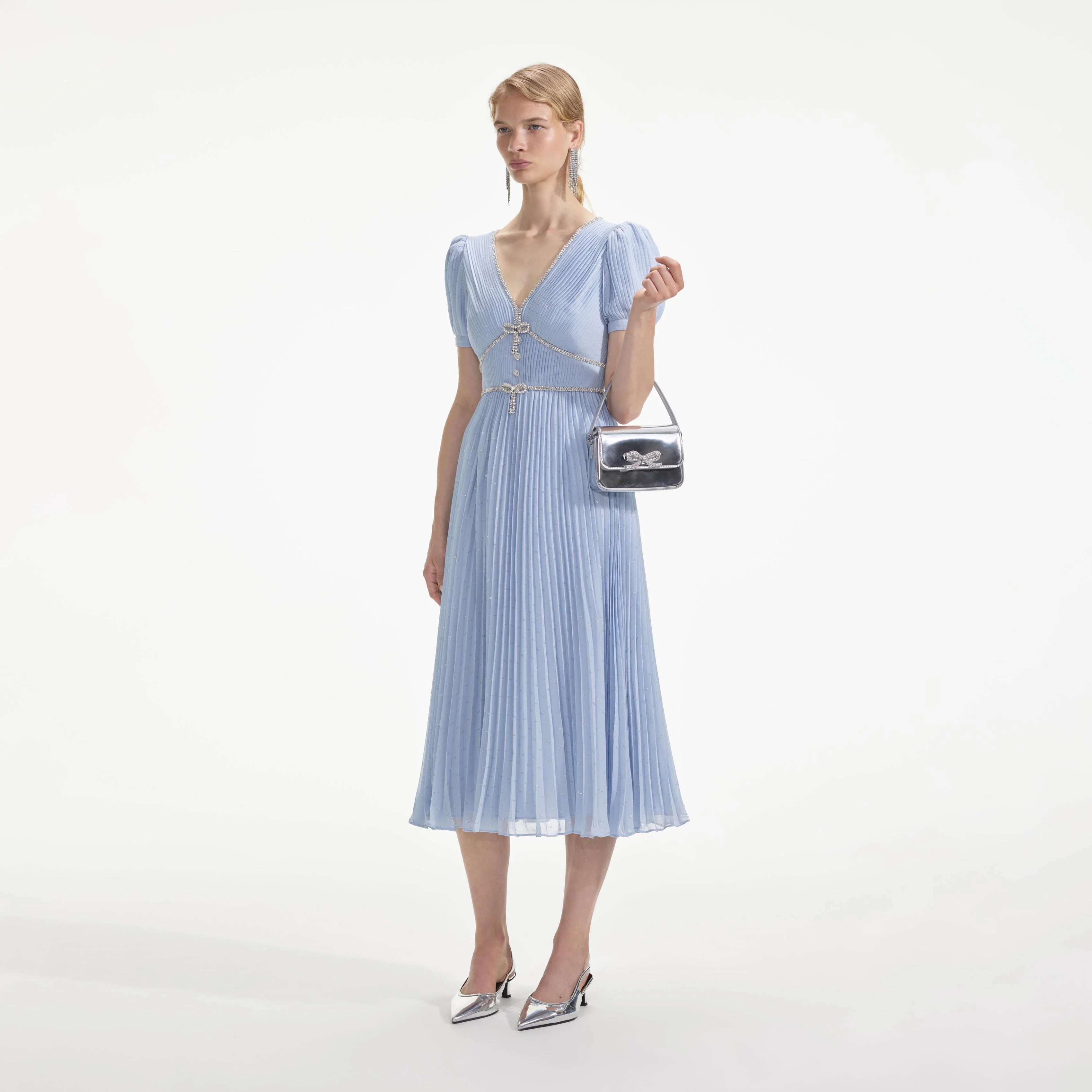 Blue Metallic Chiffon Midi Dress - Image 2