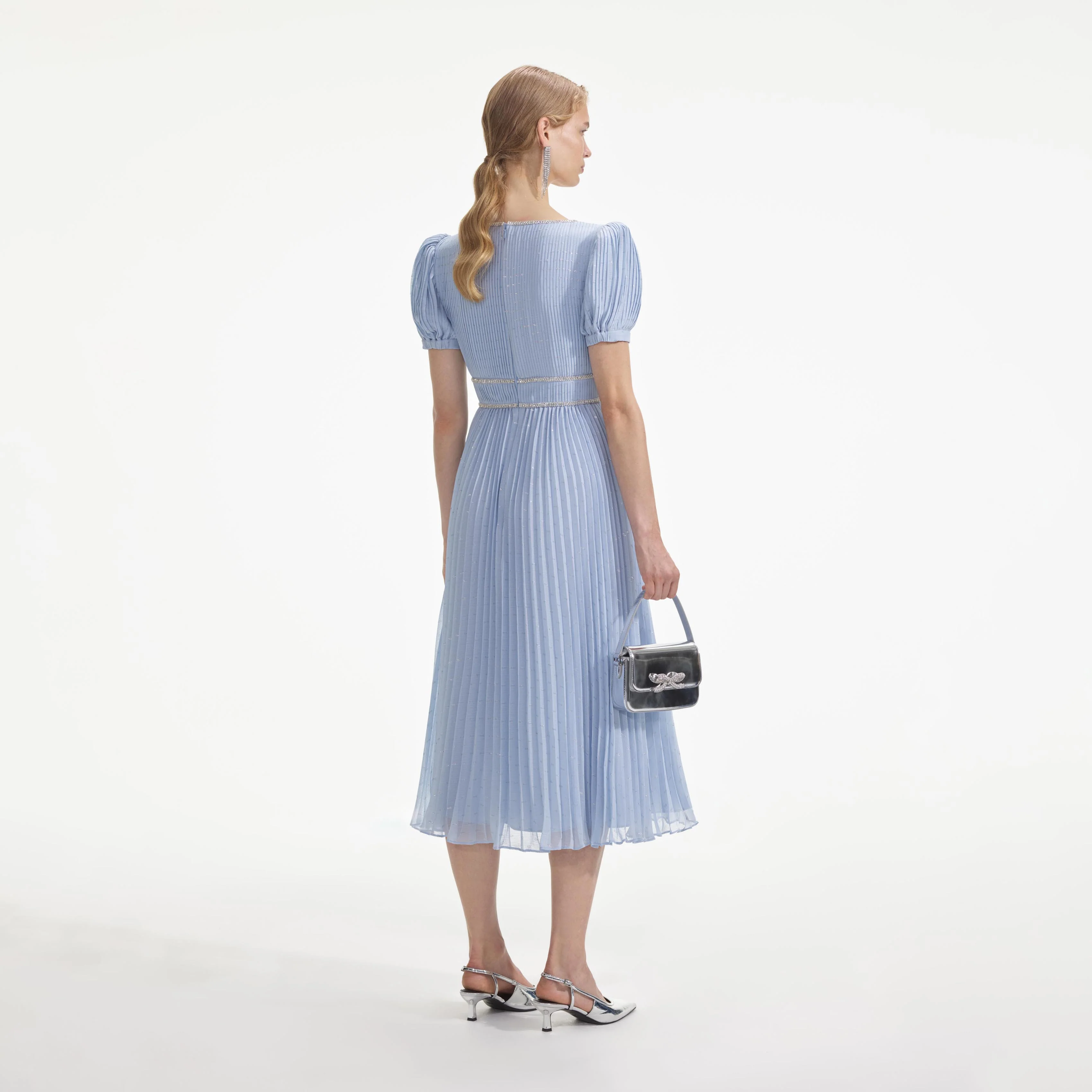 Blue Metallic Chiffon Midi Dress - Image 3
