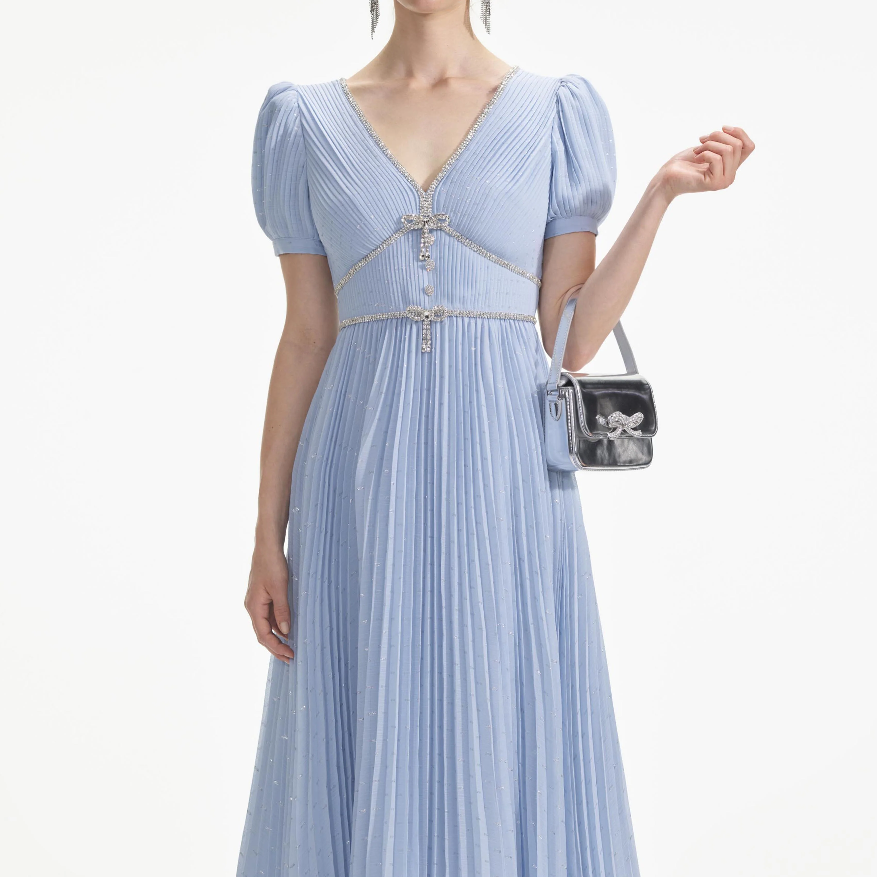 Blue Metallic Chiffon Midi Dress - Image 4
