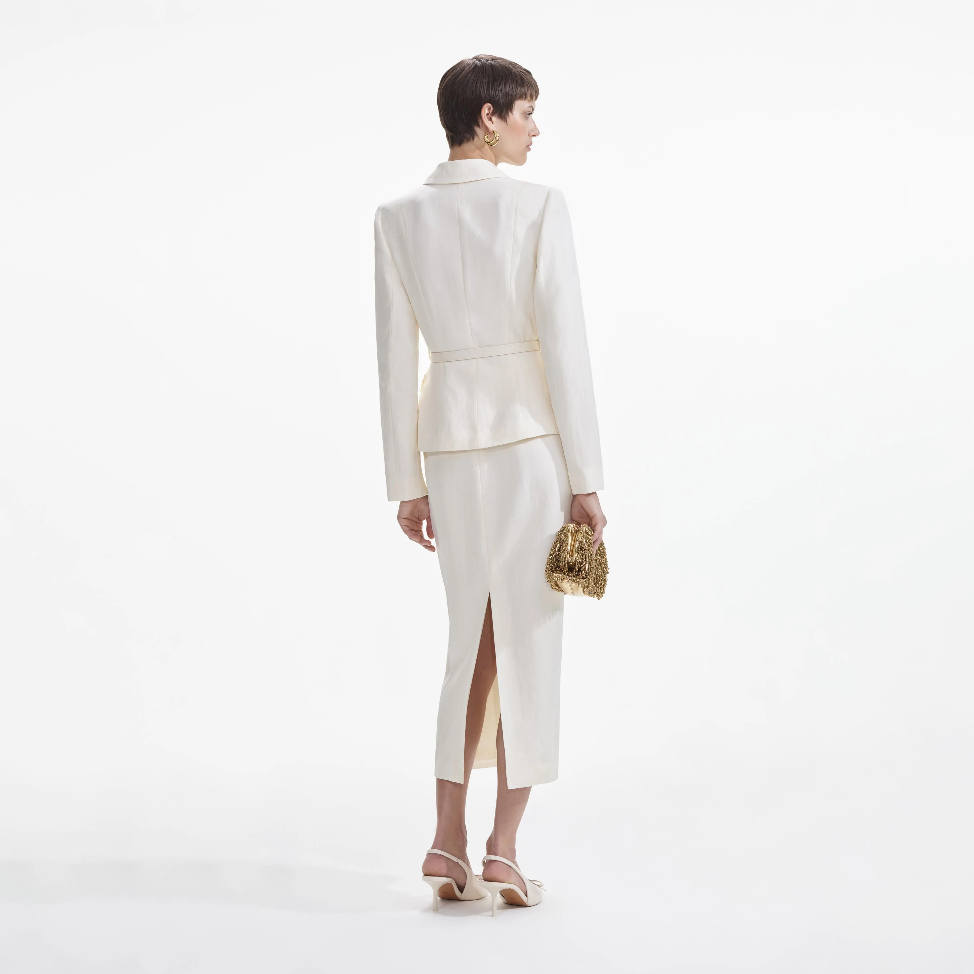 Cream Linen Tailored Midi Dress - Image 3