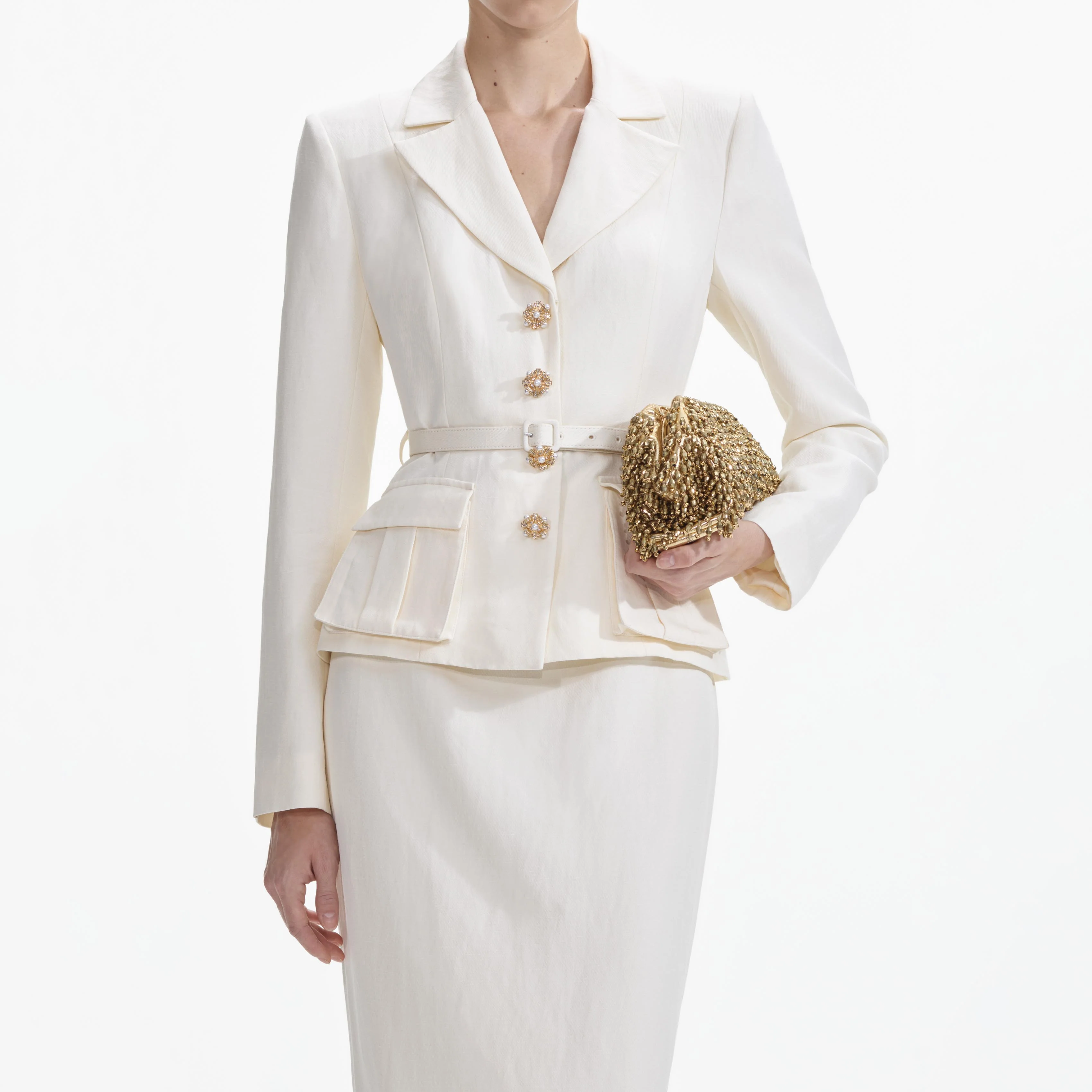 Cream Linen Tailored Midi Dress - Image 4