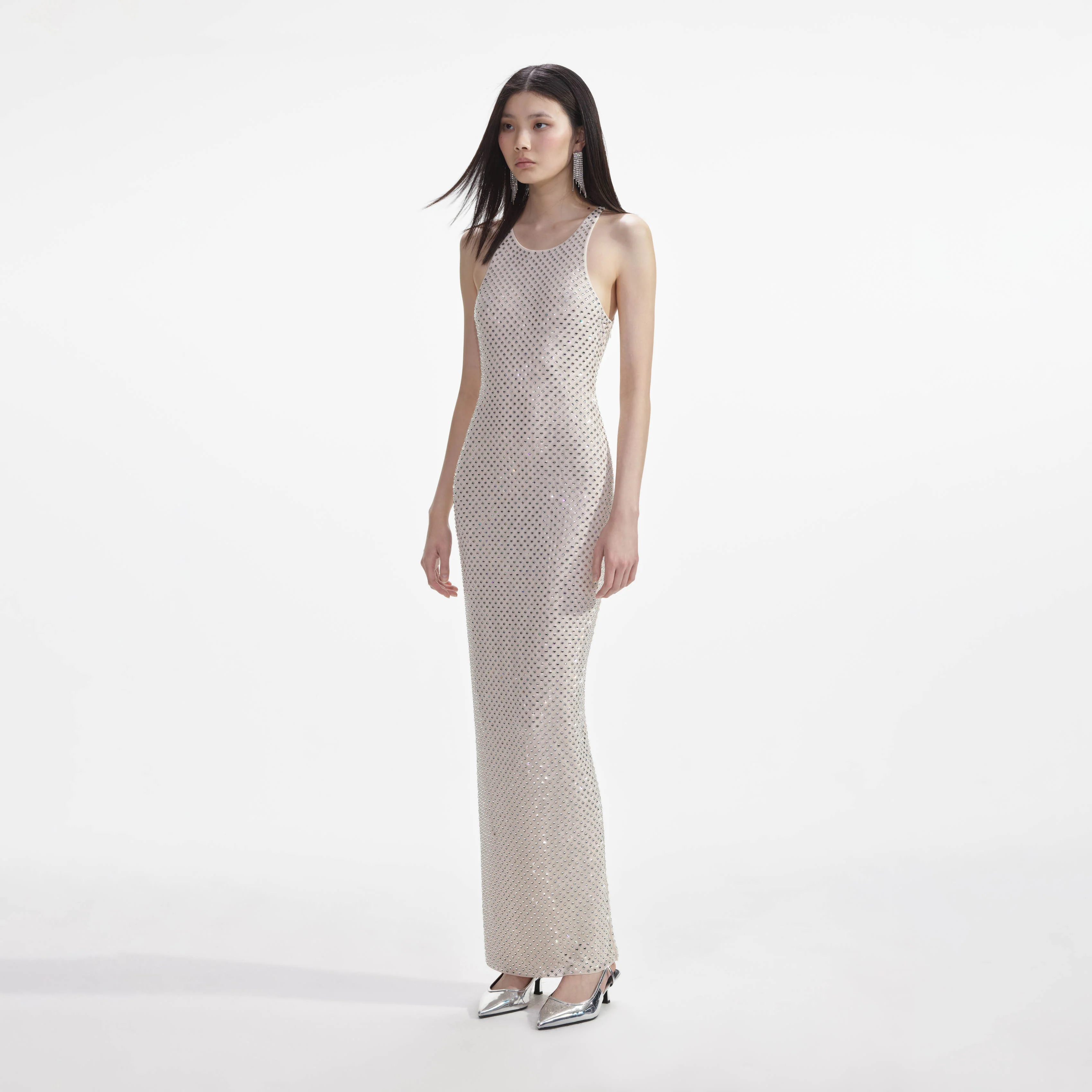 Cream Mesh Rhinestone Maxi Dress - Image 2