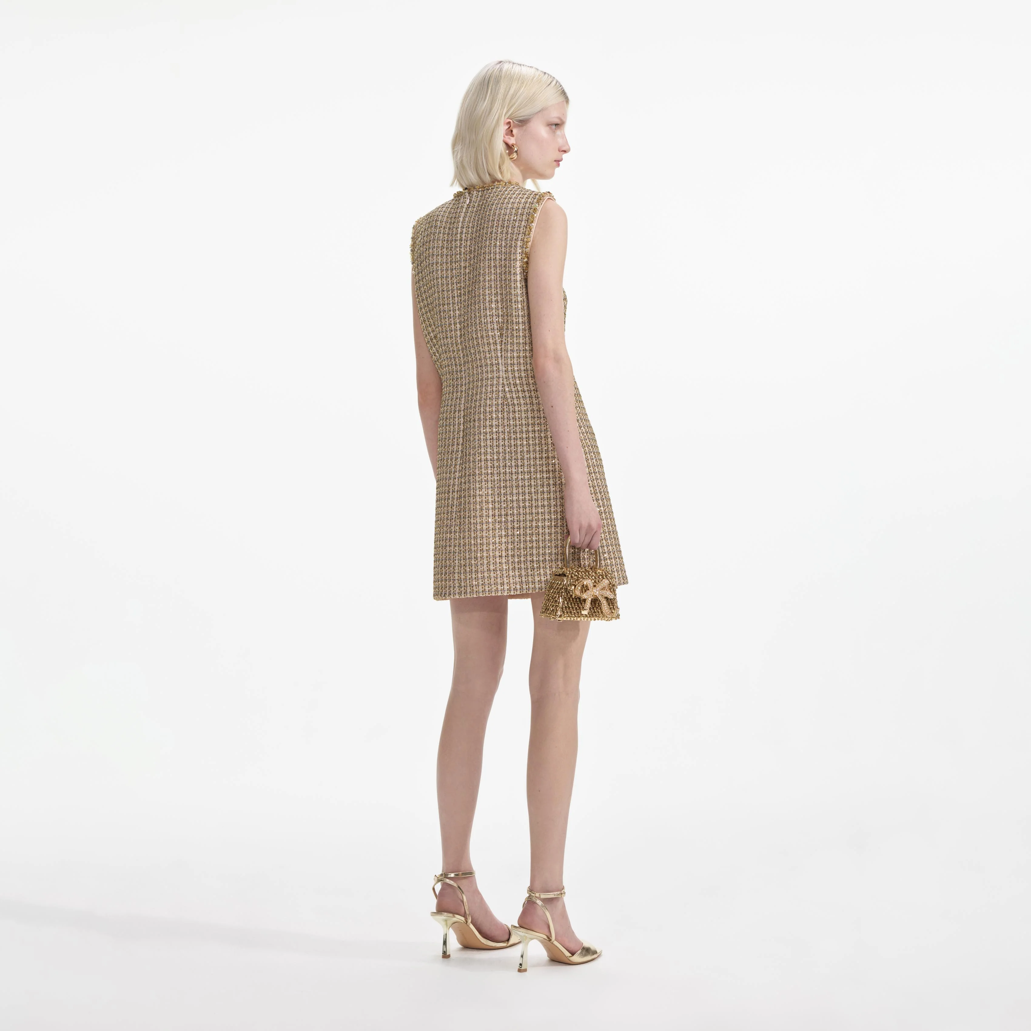 Gold Boucle Embellished Mini Dress - Image 3
